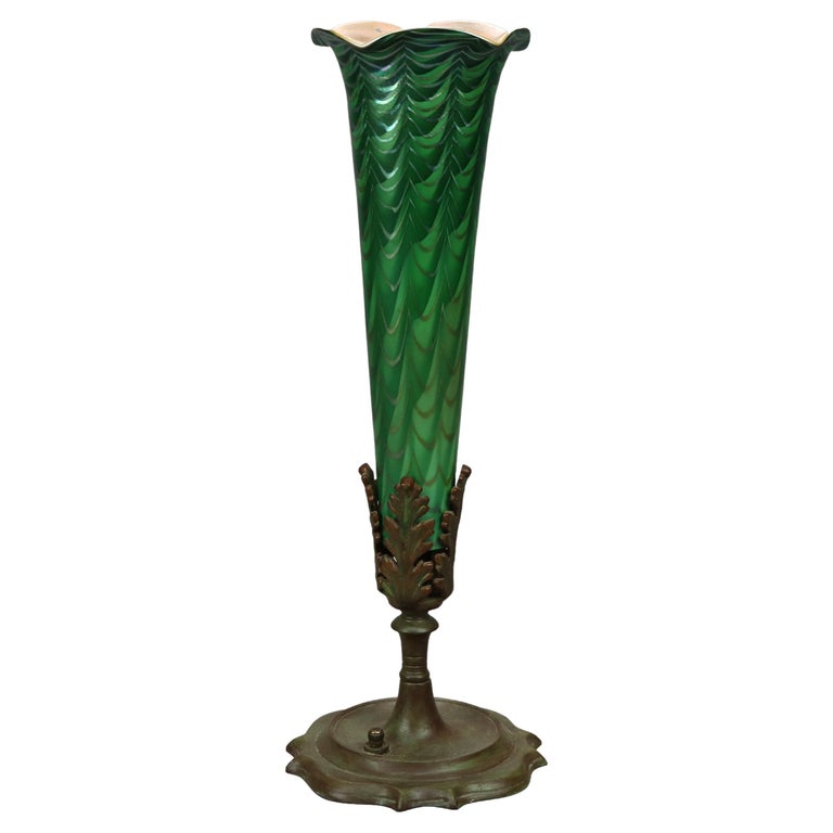 Antique Arts & Crafts Durand Decorated Art Glass Green Vase Lamp Circa 1930 For Sale