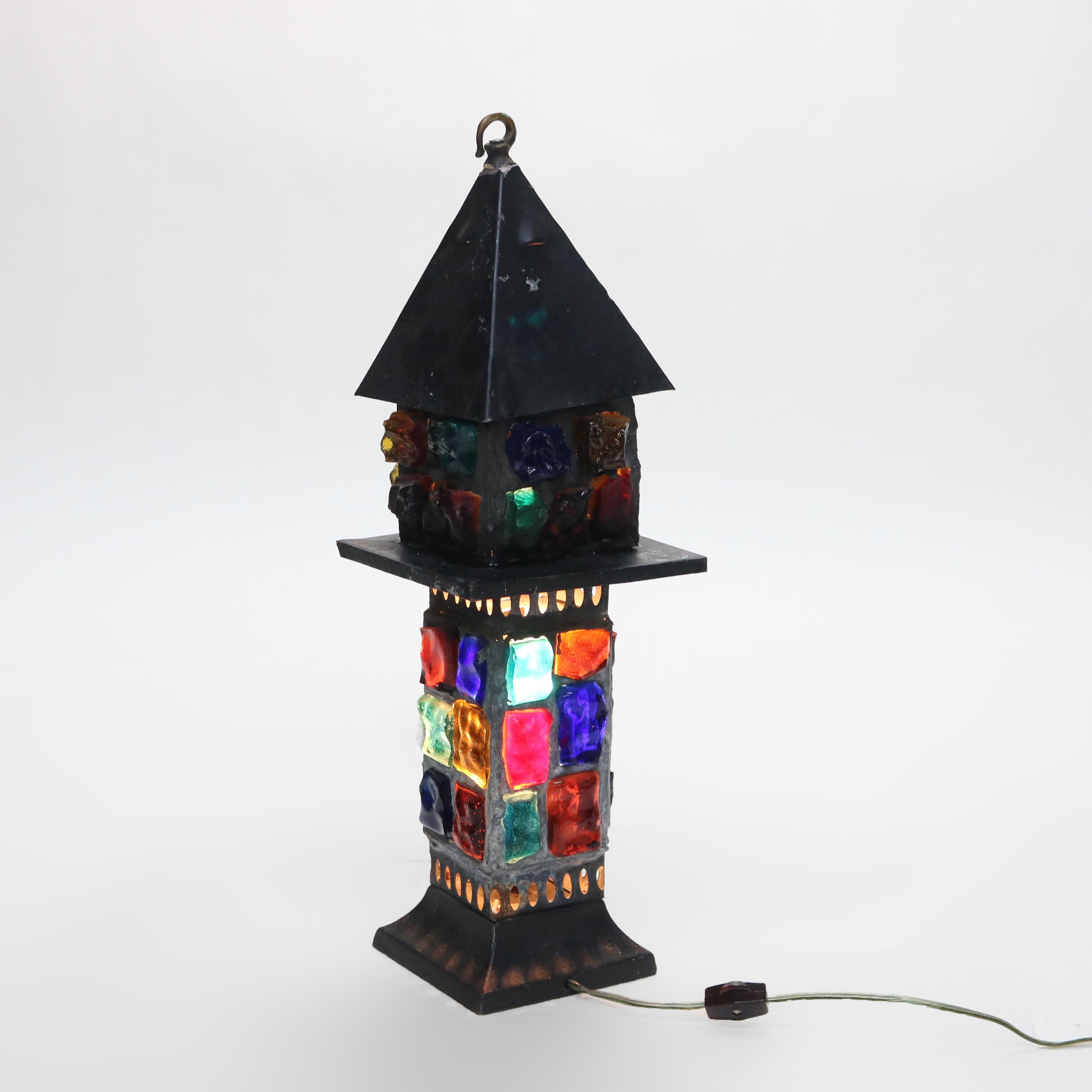 Antique Arts & Crafts Ebonized Chunk Jewel Lantern Form Lamp C1920 4