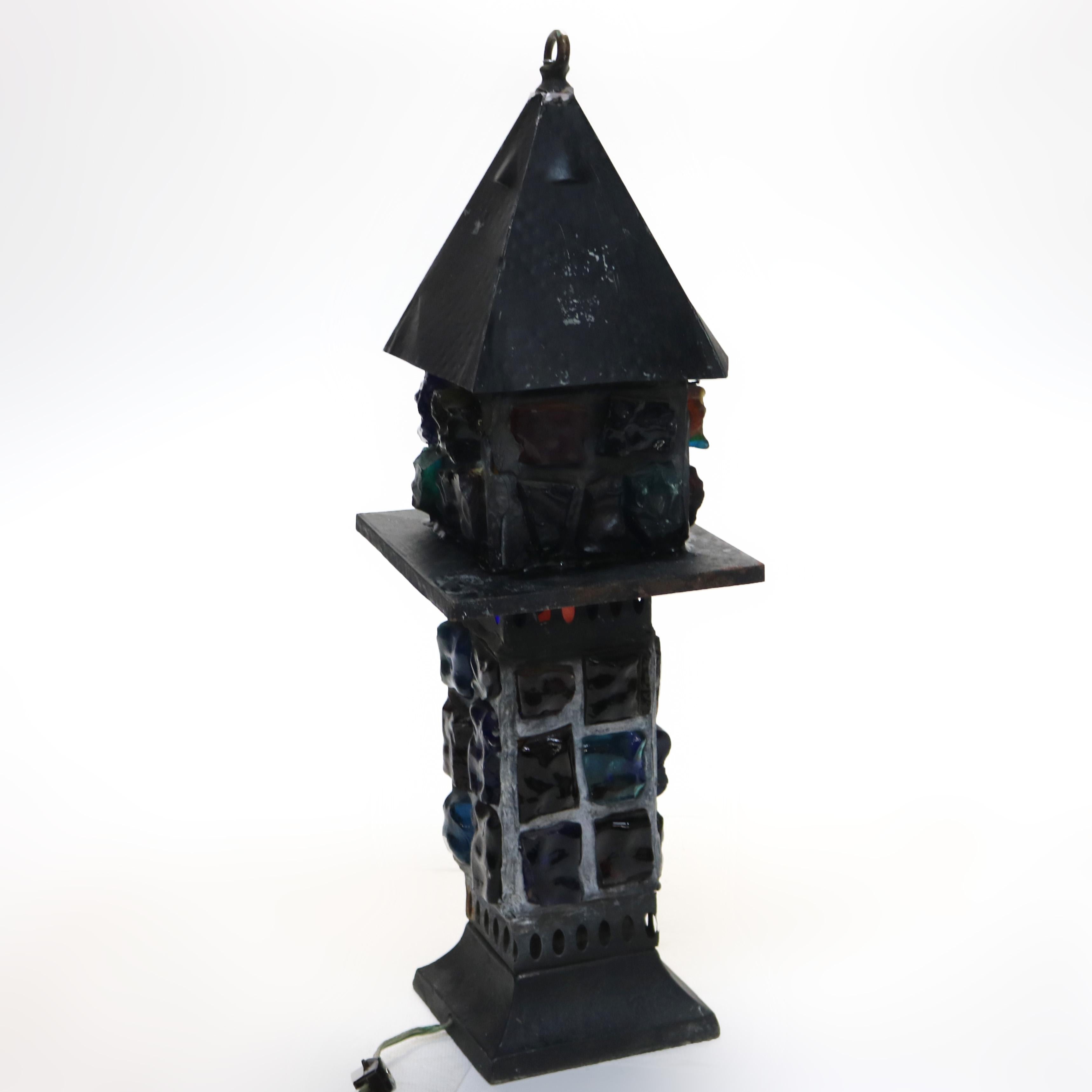 Antique Arts & Crafts Ebonized Chunk Jewel Lantern Form Lamp C1920 5