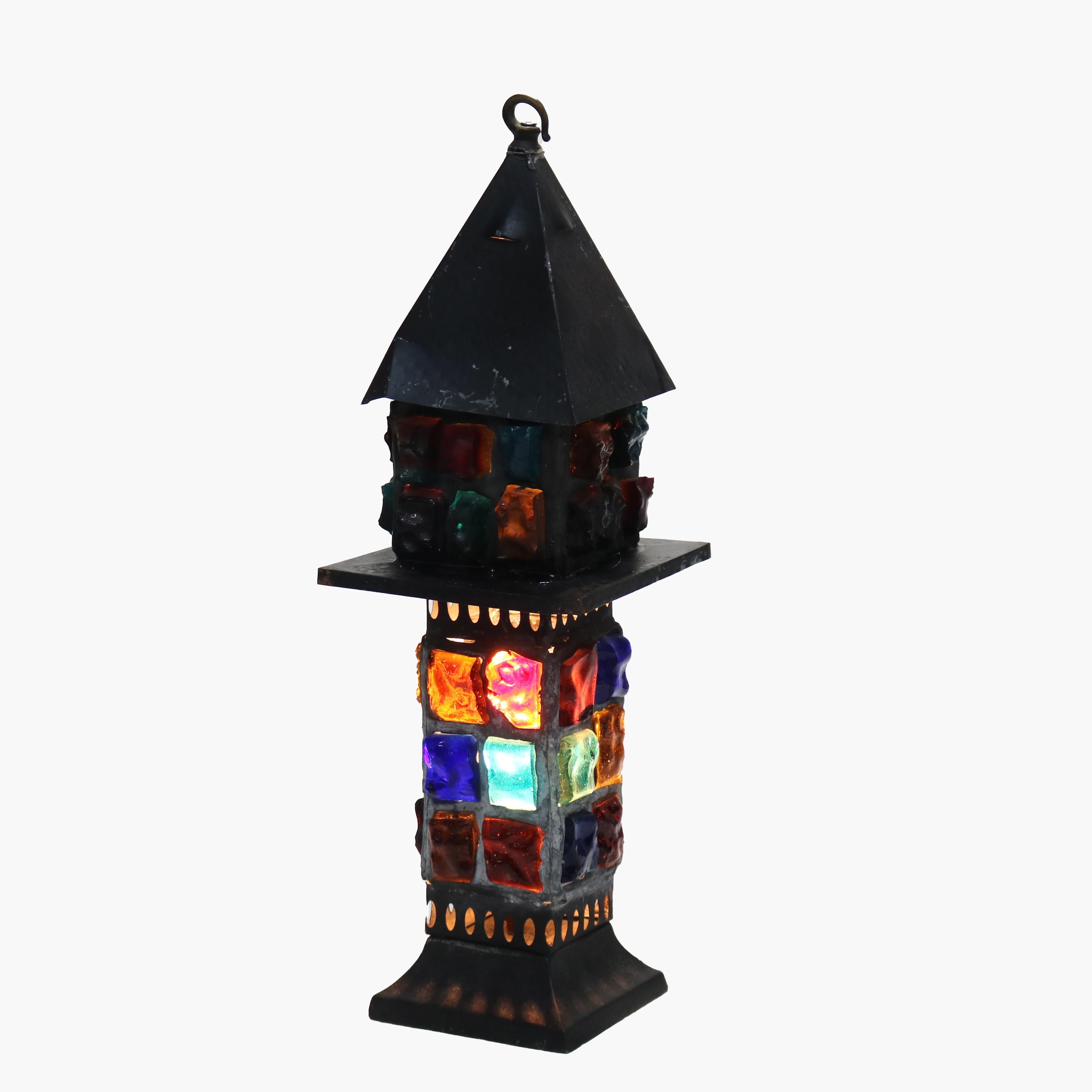 Antique Arts & Crafts Ebonized Chunk Jewel Lantern Form Table Lamp C1920.   
19 3/8