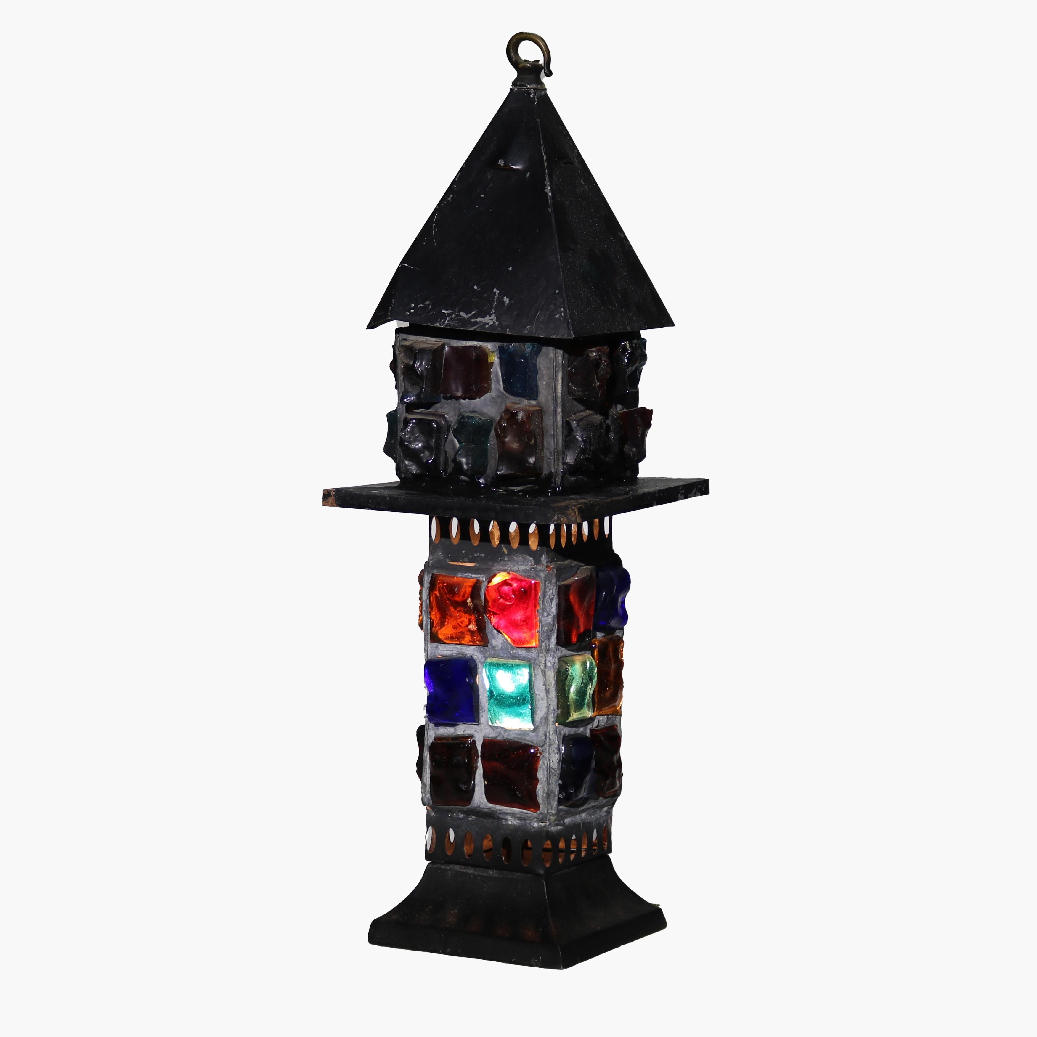 American Antique Arts & Crafts Ebonized Chunk Jewel Lantern Form Lamp C1920