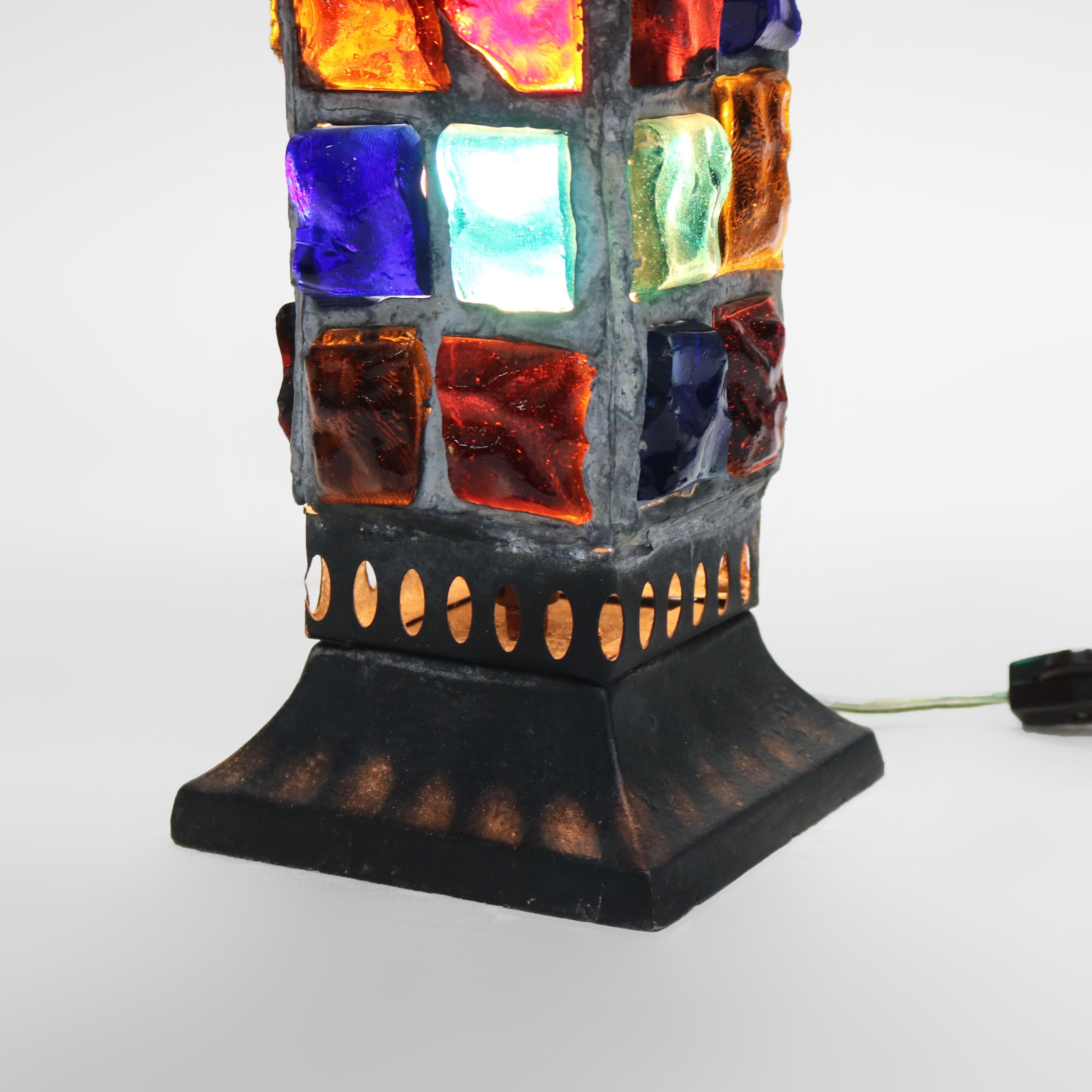 Antique Arts & Crafts Ebonized Chunk Jewel Lantern Form Lamp C1920 In Good Condition In Big Flats, NY