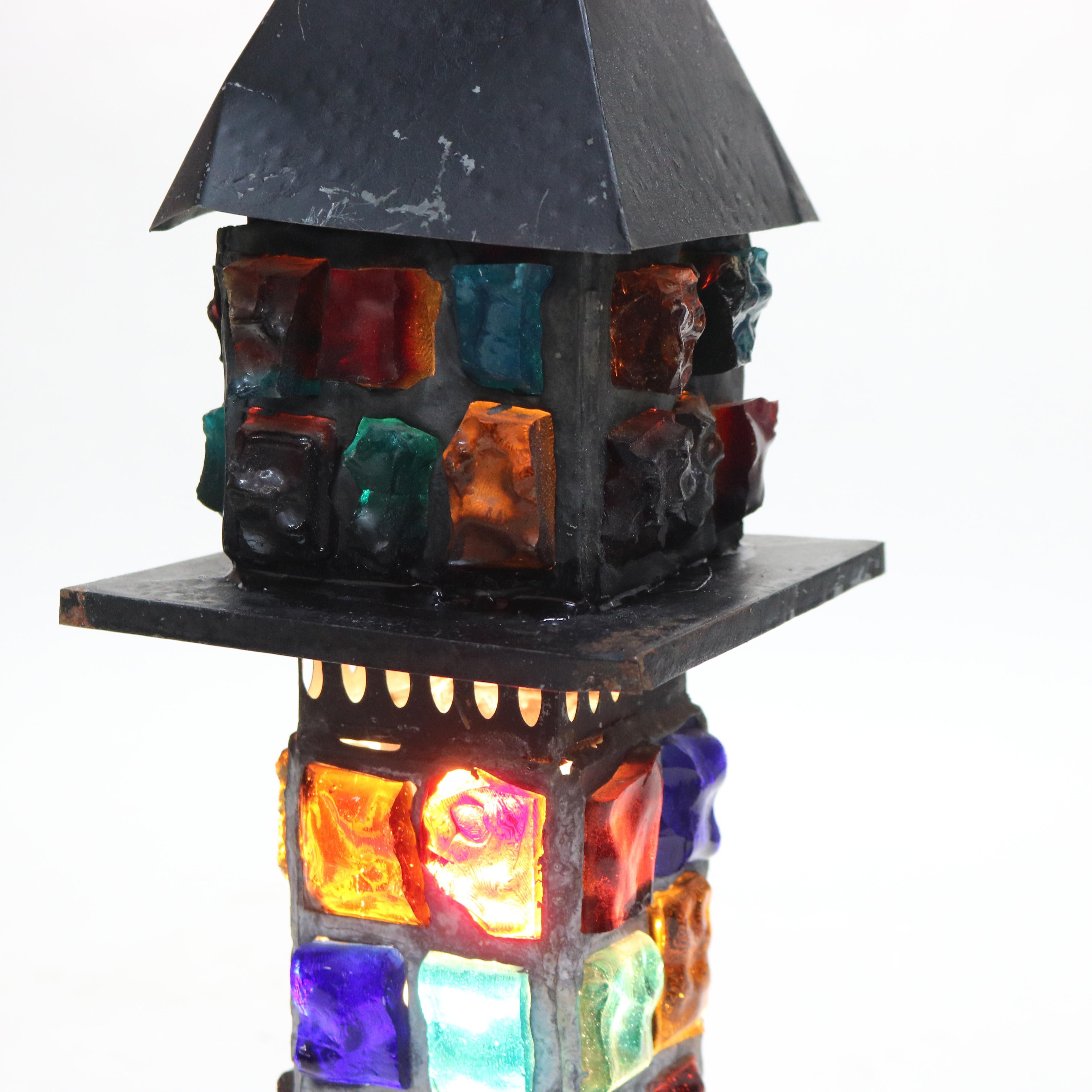 20th Century Antique Arts & Crafts Ebonized Chunk Jewel Lantern Form Lamp C1920