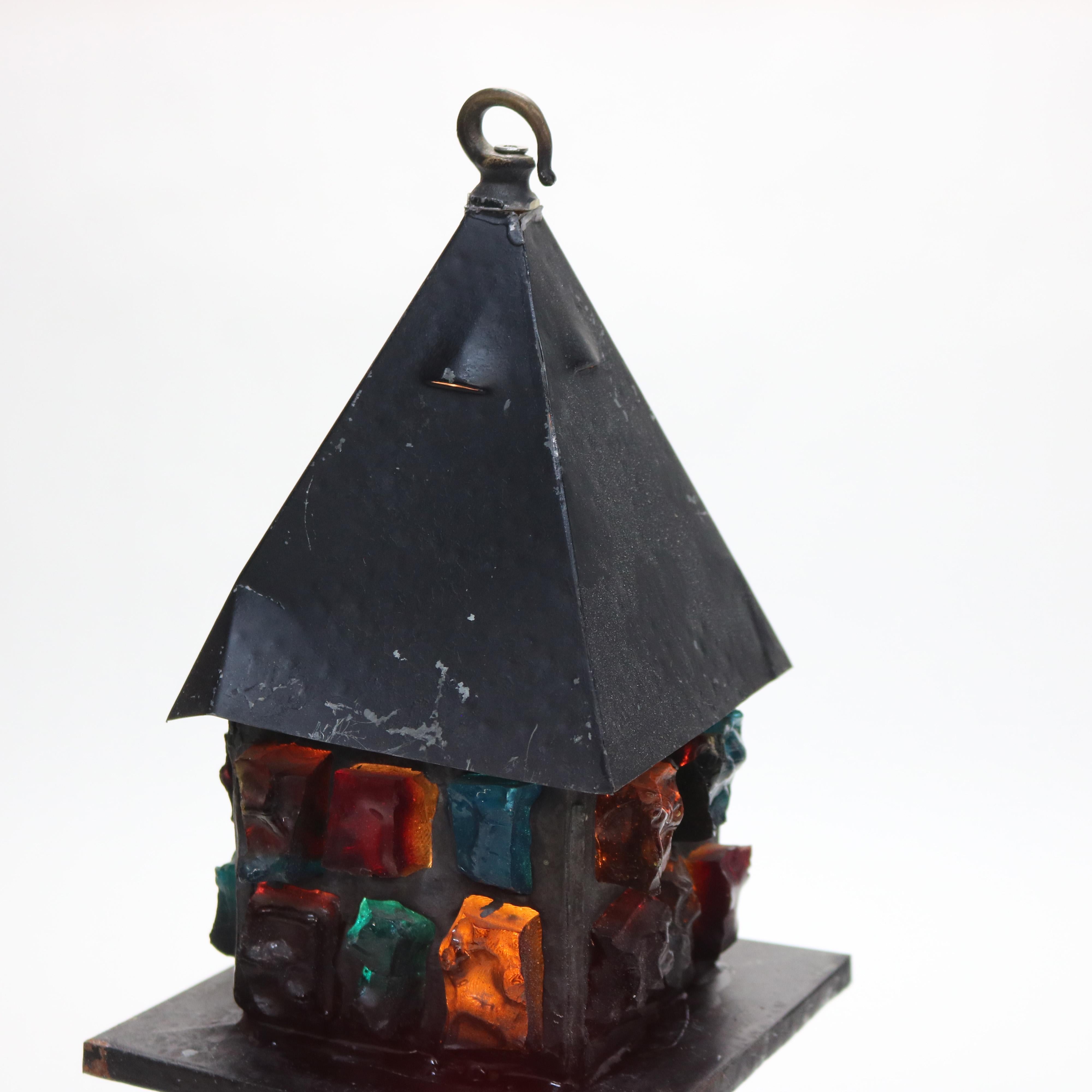 Metal Antique Arts & Crafts Ebonized Chunk Jewel Lantern Form Lamp C1920