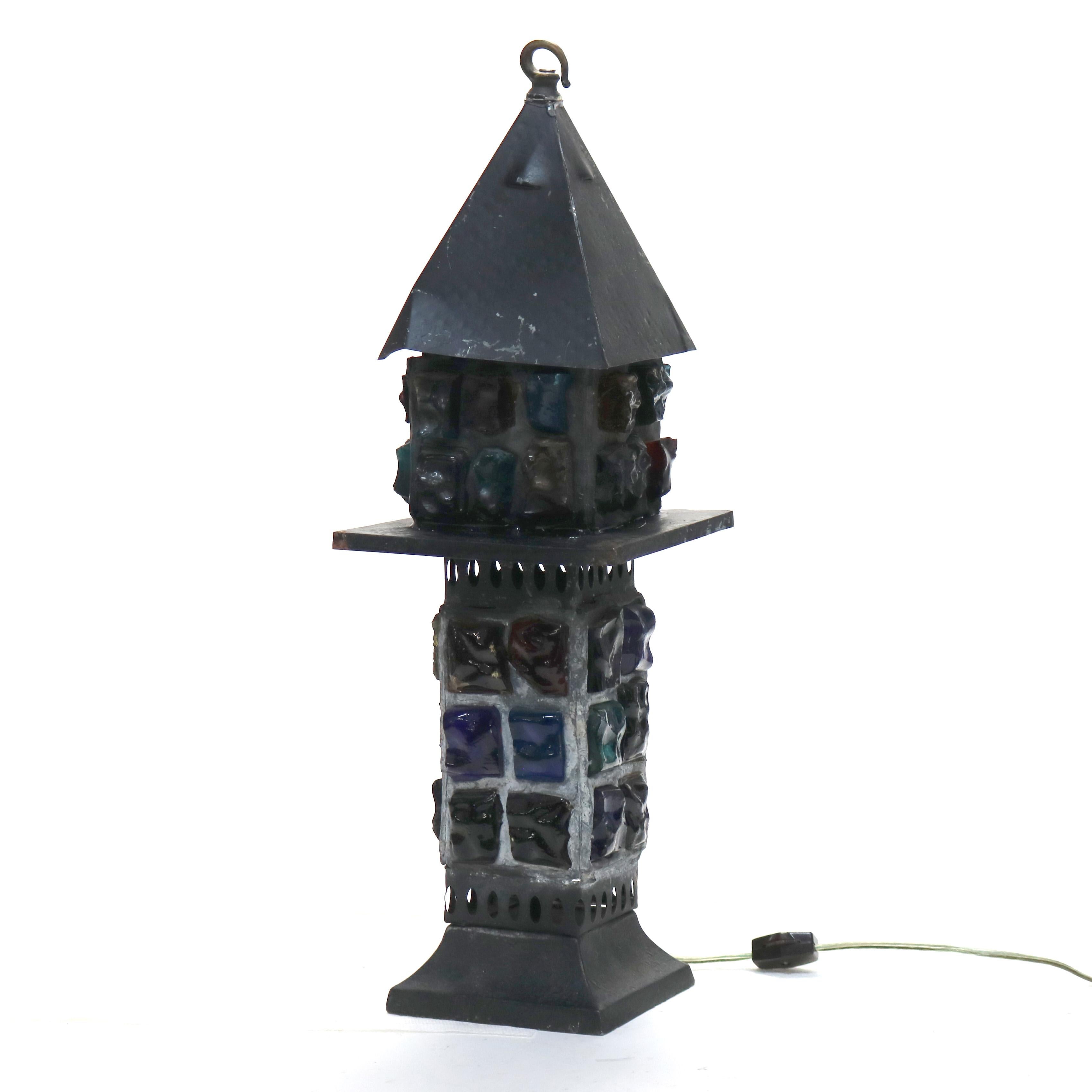Antique Arts & Crafts Ebonized Chunk Jewel Lantern Form Lamp C1920 1