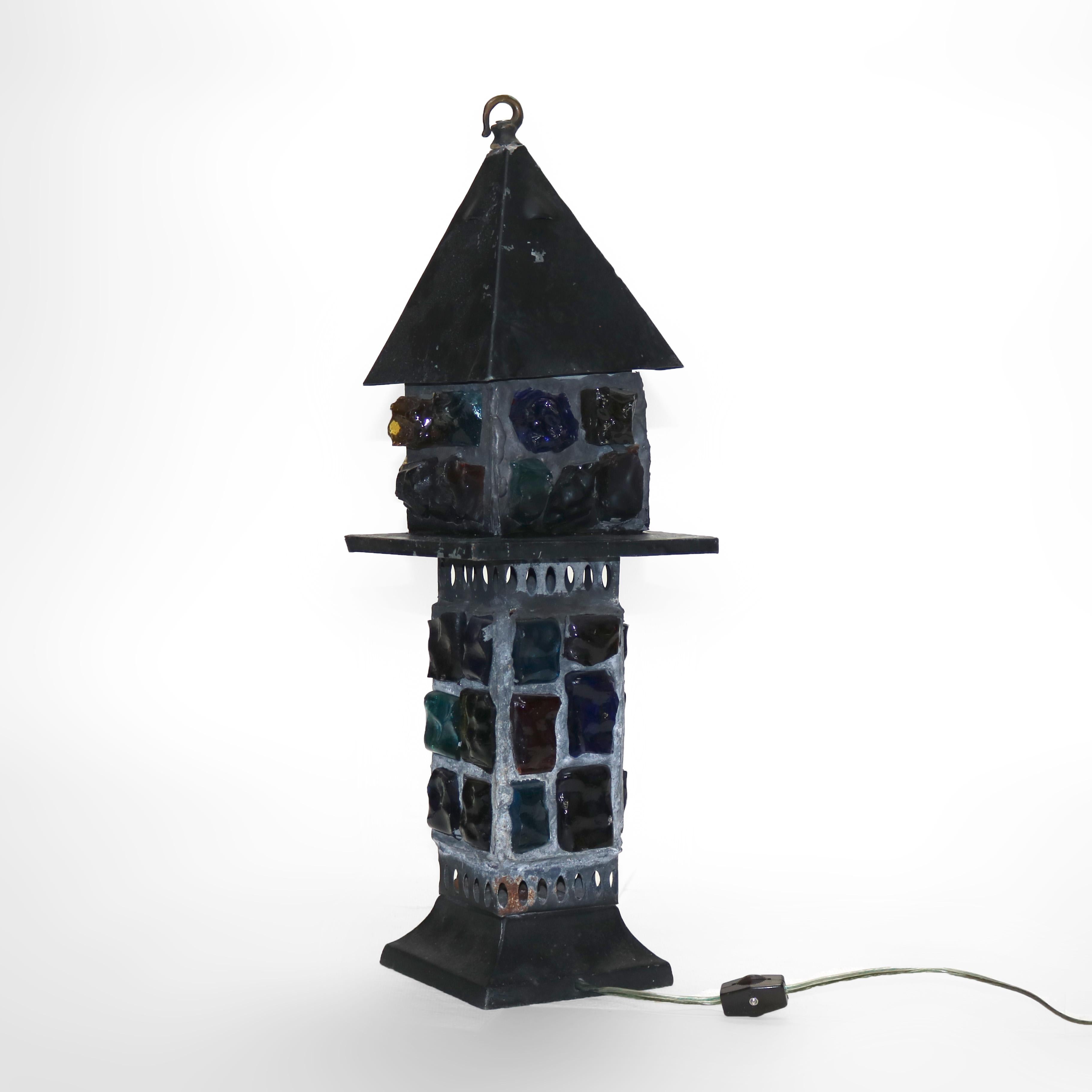 Antique Arts & Crafts Ebonized Chunk Jewel Lantern Form Lamp C1920 2