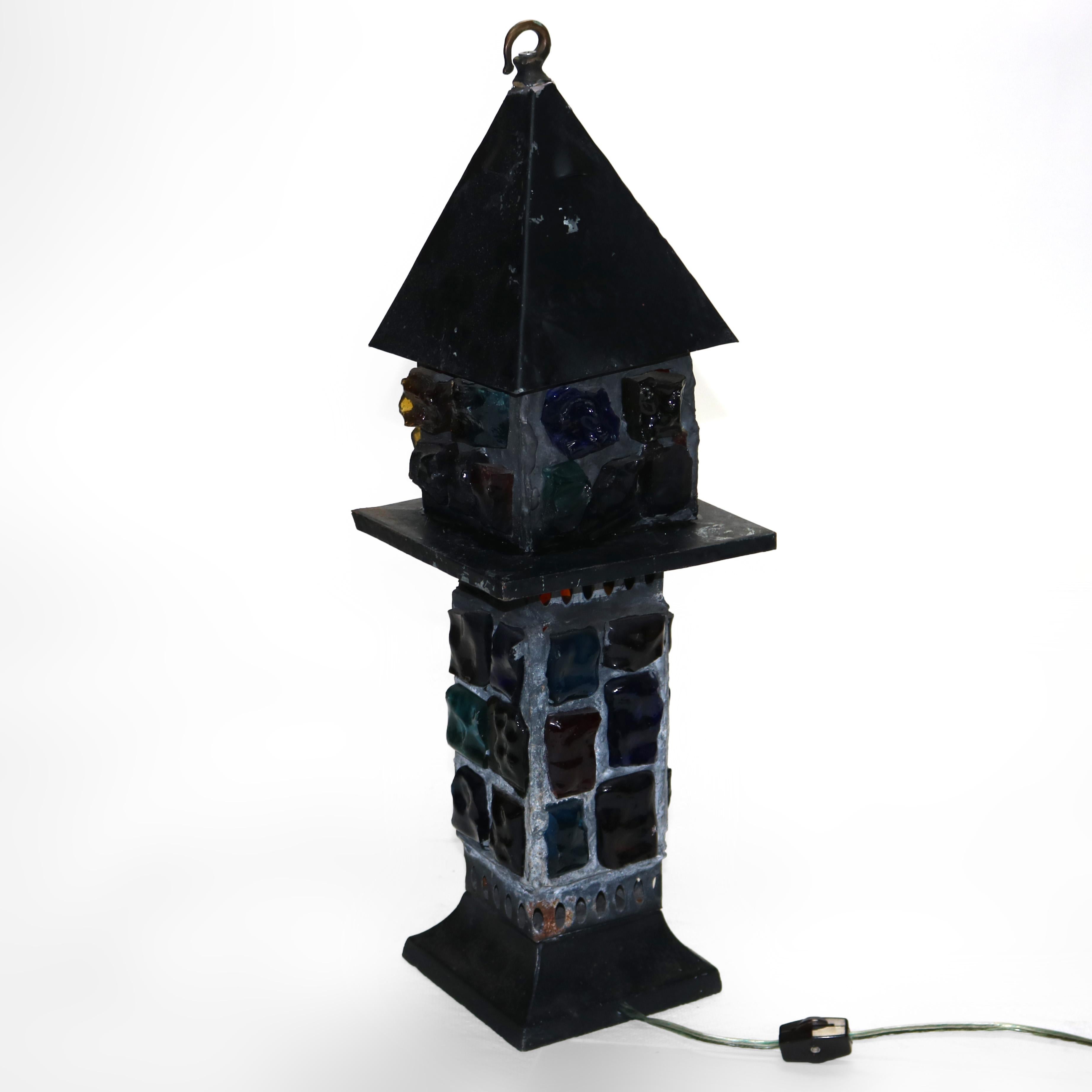 Antique Arts & Crafts Ebonized Chunk Jewel Lantern Form Lamp C1920 3