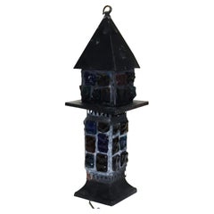 Antique Arts & Crafts Ebonized Chunk Jewel Lantern Form Lamp C1920