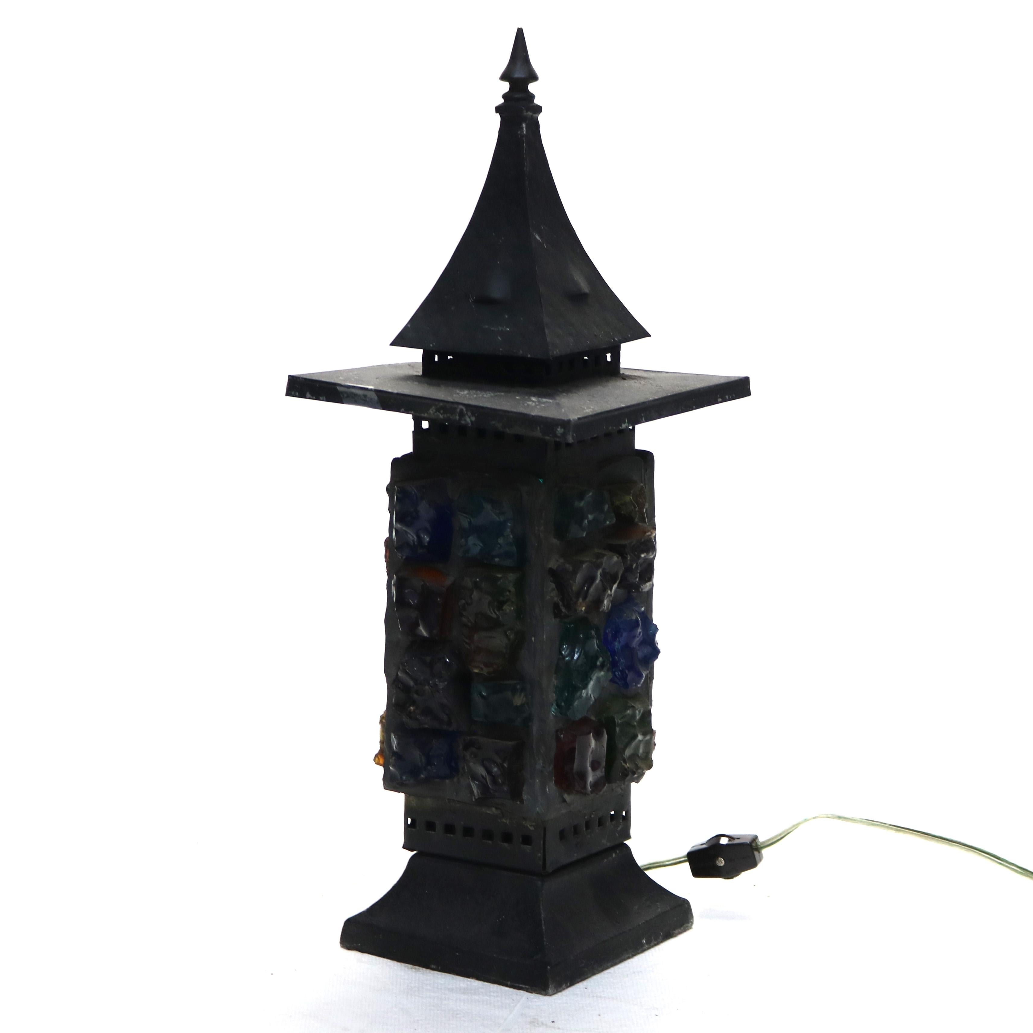 Antique Arts & Crafts Ebonized & Chunk Jeweled Lantern Form Table Lamp C1920.   
16 3/4