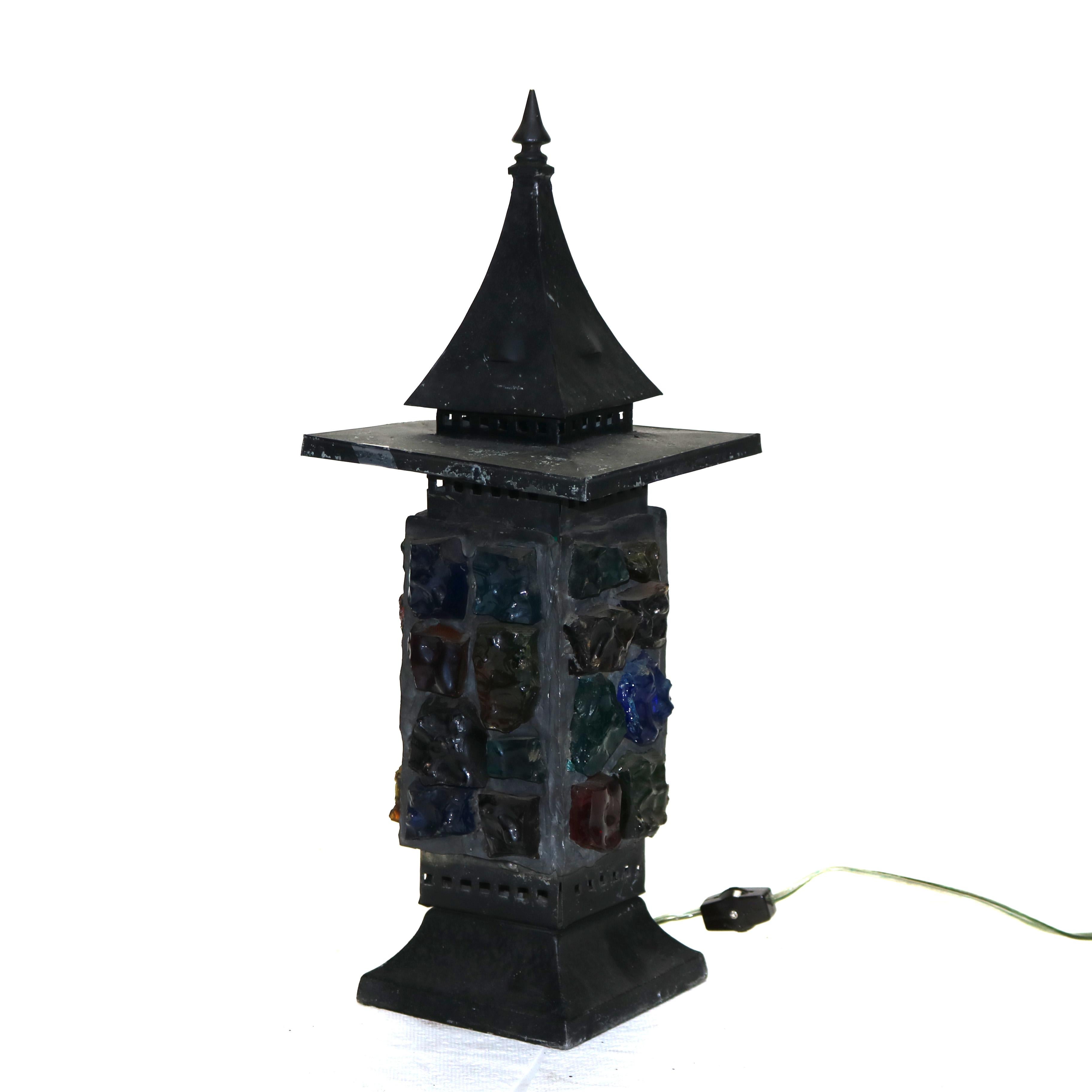 American Antique Arts & Crafts Ebonized & Chunk Jeweled Lantern C1920