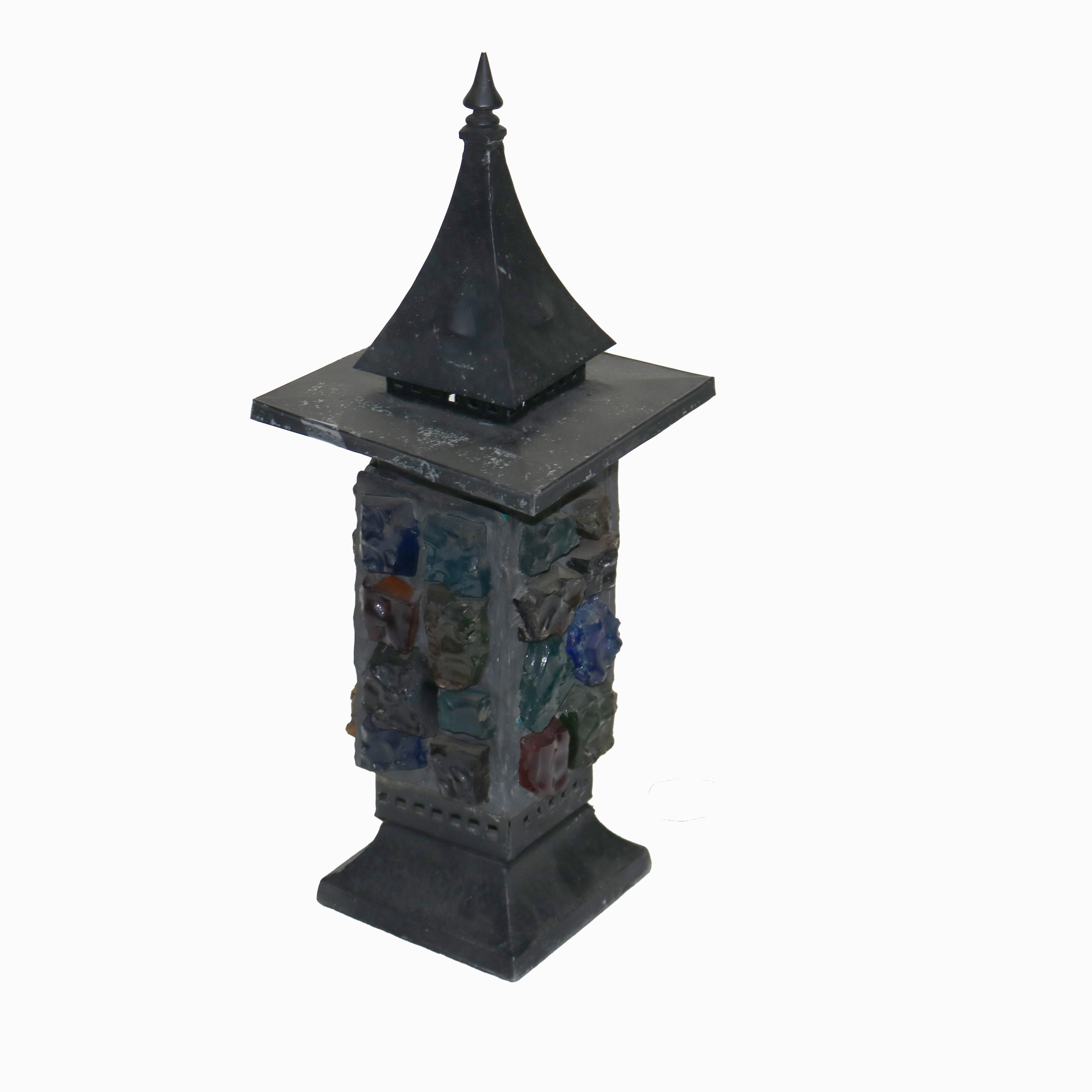 Antique Arts & Crafts Ebonized & Chunk Jeweled Lantern C1920 In Good Condition In Big Flats, NY