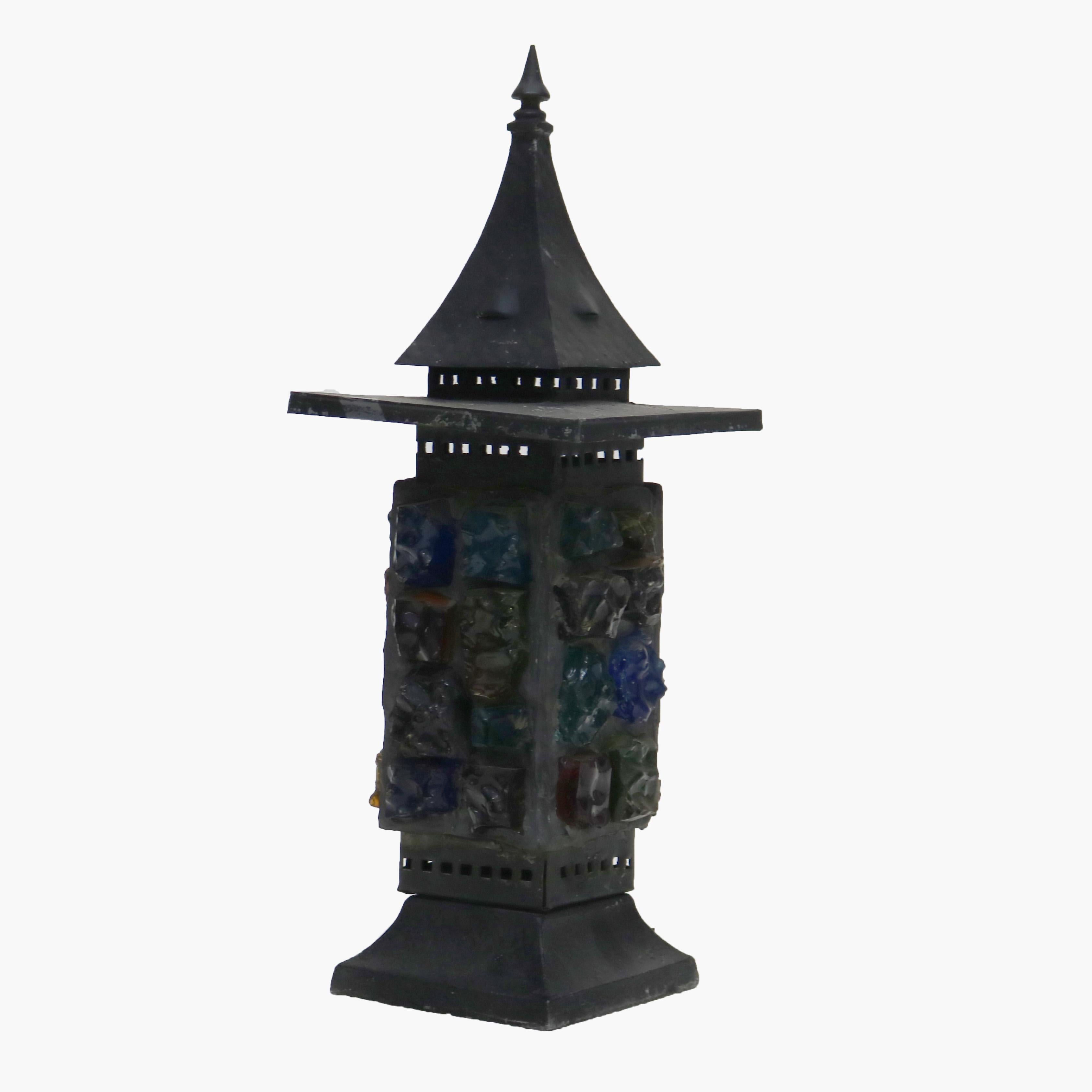 20th Century Antique Arts & Crafts Ebonized & Chunk Jeweled Lantern C1920