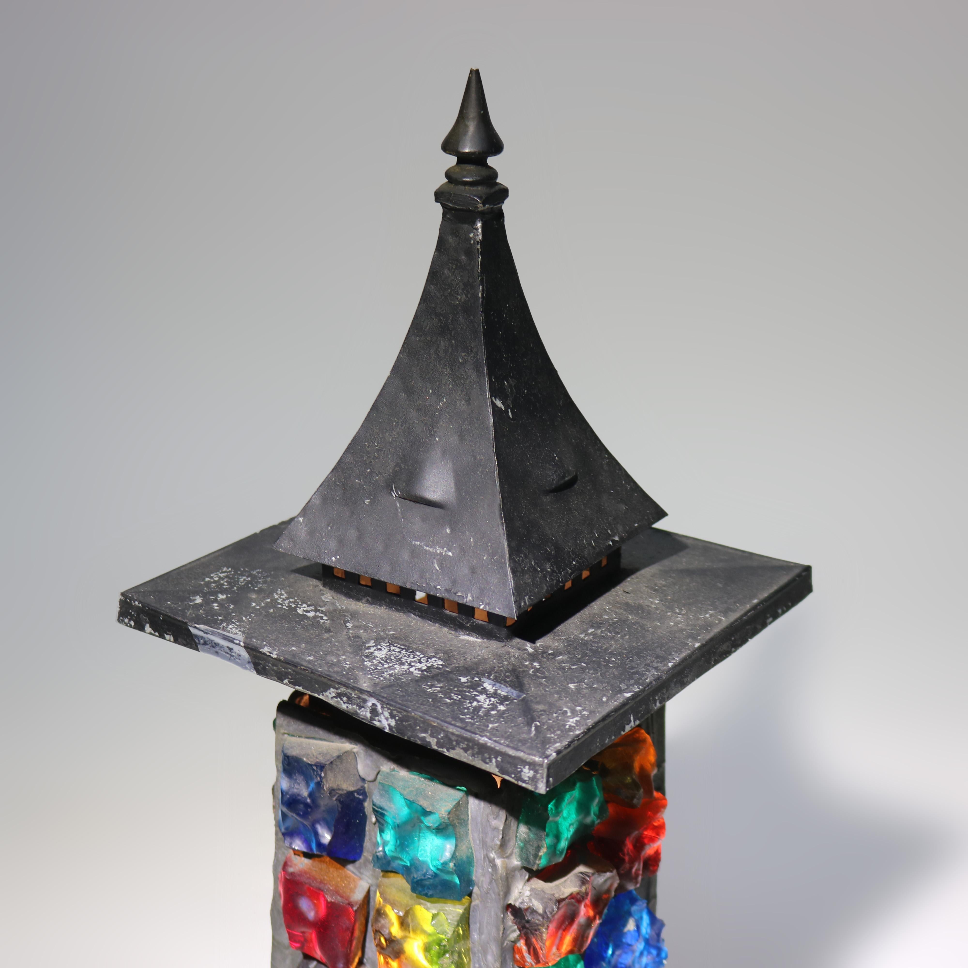 Antique Arts & Crafts Ebonized & Chunk Jeweled Lantern C1920 1