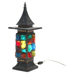 Antique Arts & Crafts Ebonized & Chunk Jeweled Lantern C1920