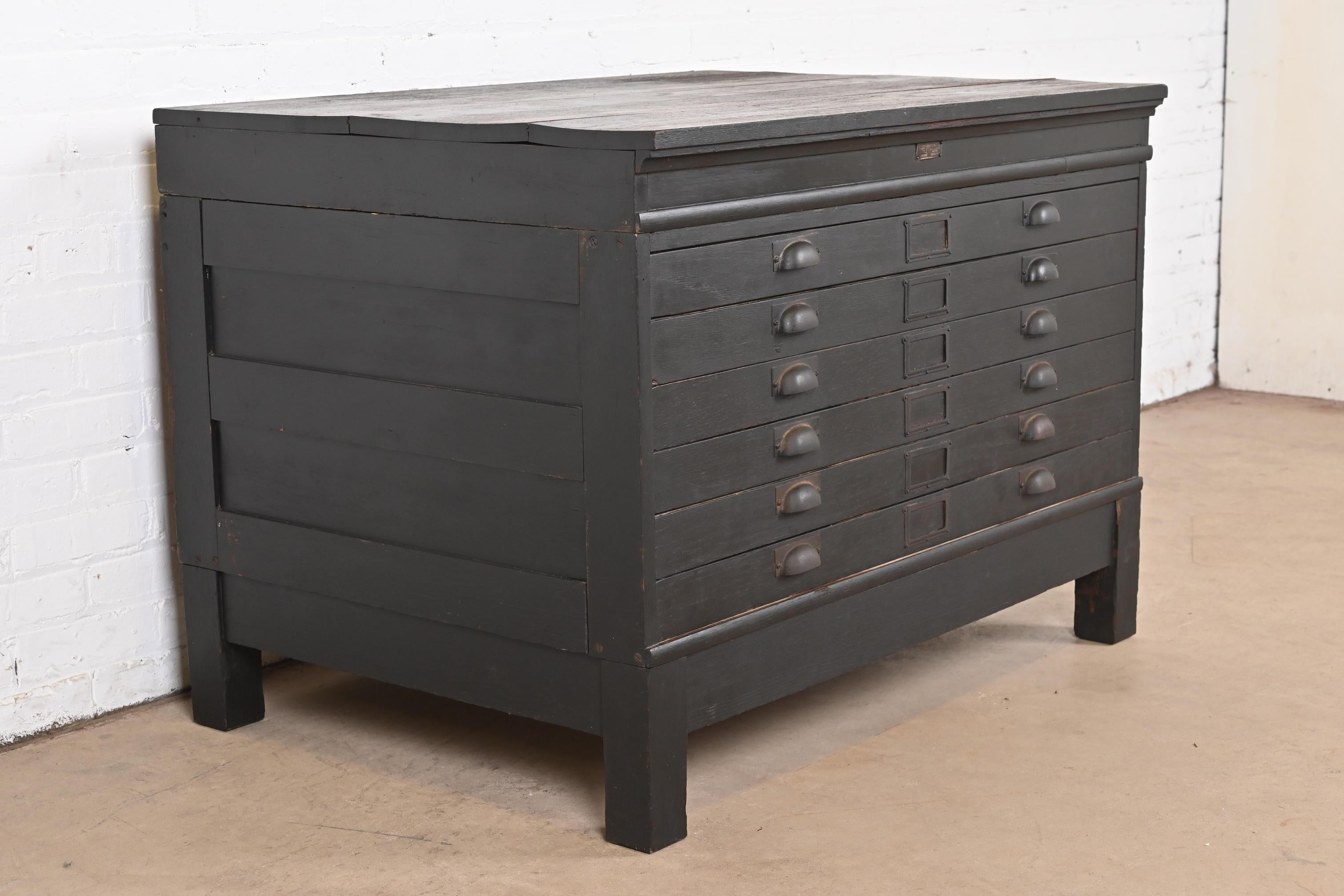 Antique Arts & Crafts Ebonized Oak Architect's Blueprint Flat File Cabinet In Good Condition For Sale In South Bend, IN