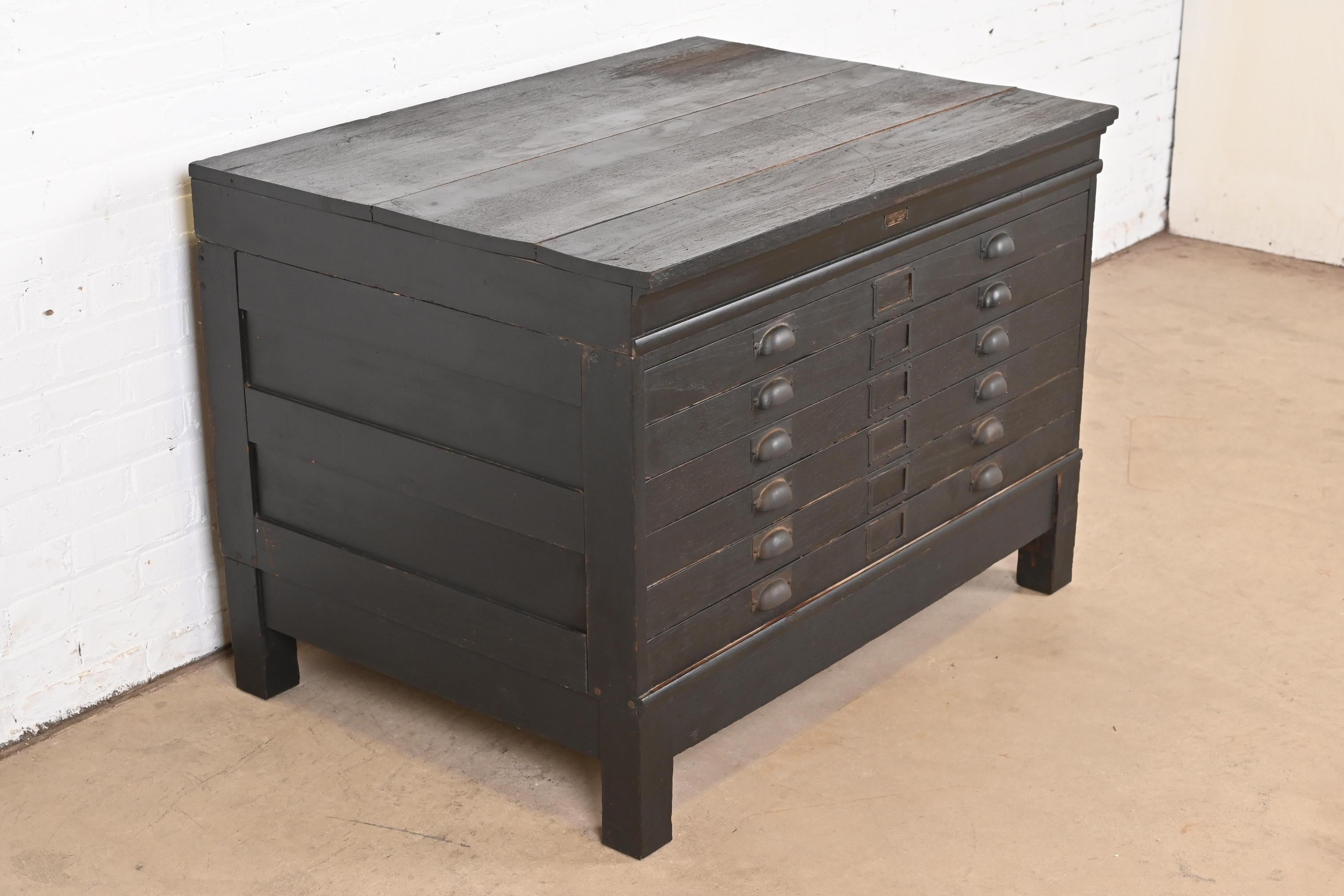 Antique Arts & Crafts Ebonized Oak Architect's Blueprint Flat File Cabinet In Good Condition In South Bend, IN