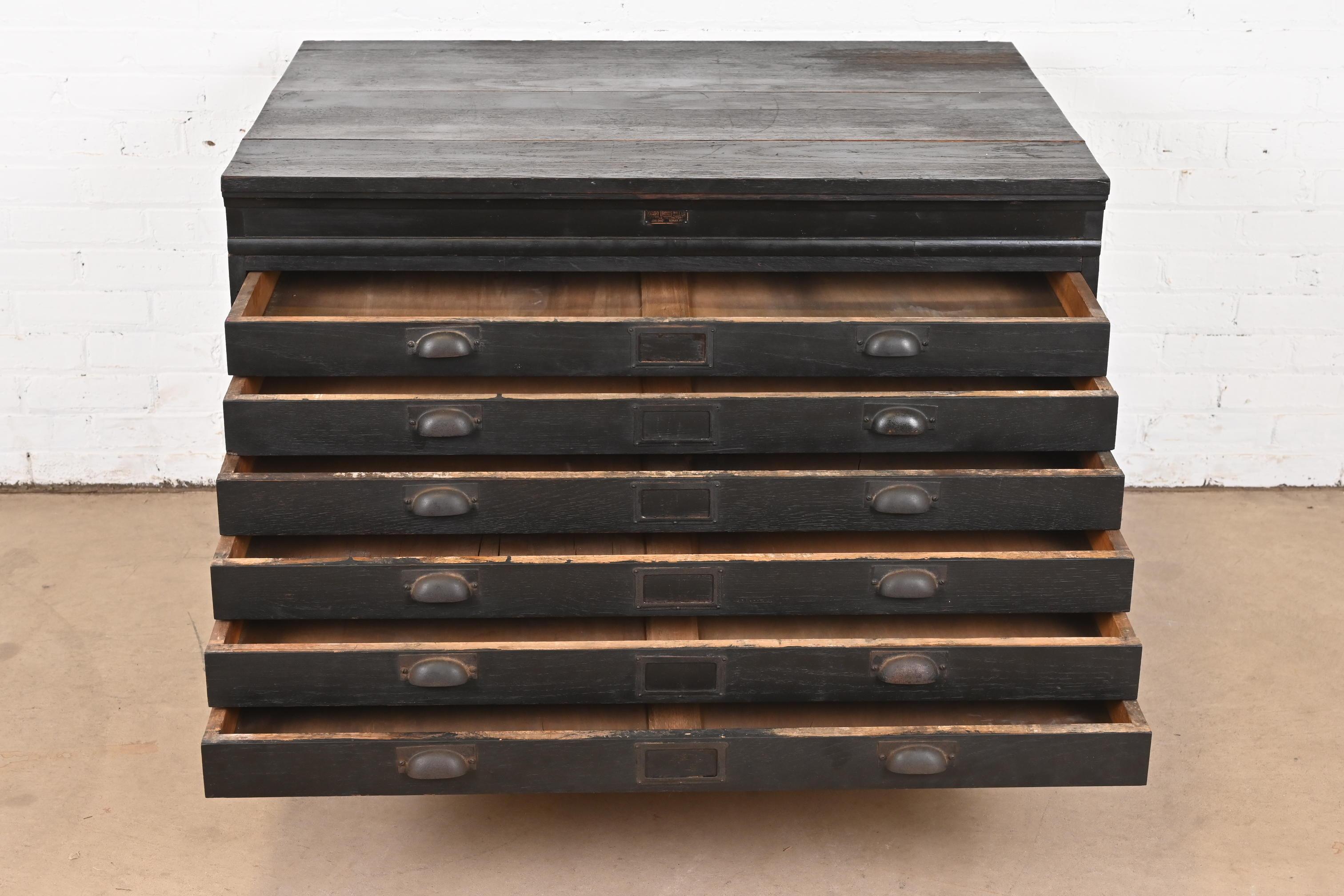 Antique Arts & Crafts Ebonized Oak Architect's Blueprint Flat File Cabinet For Sale 1