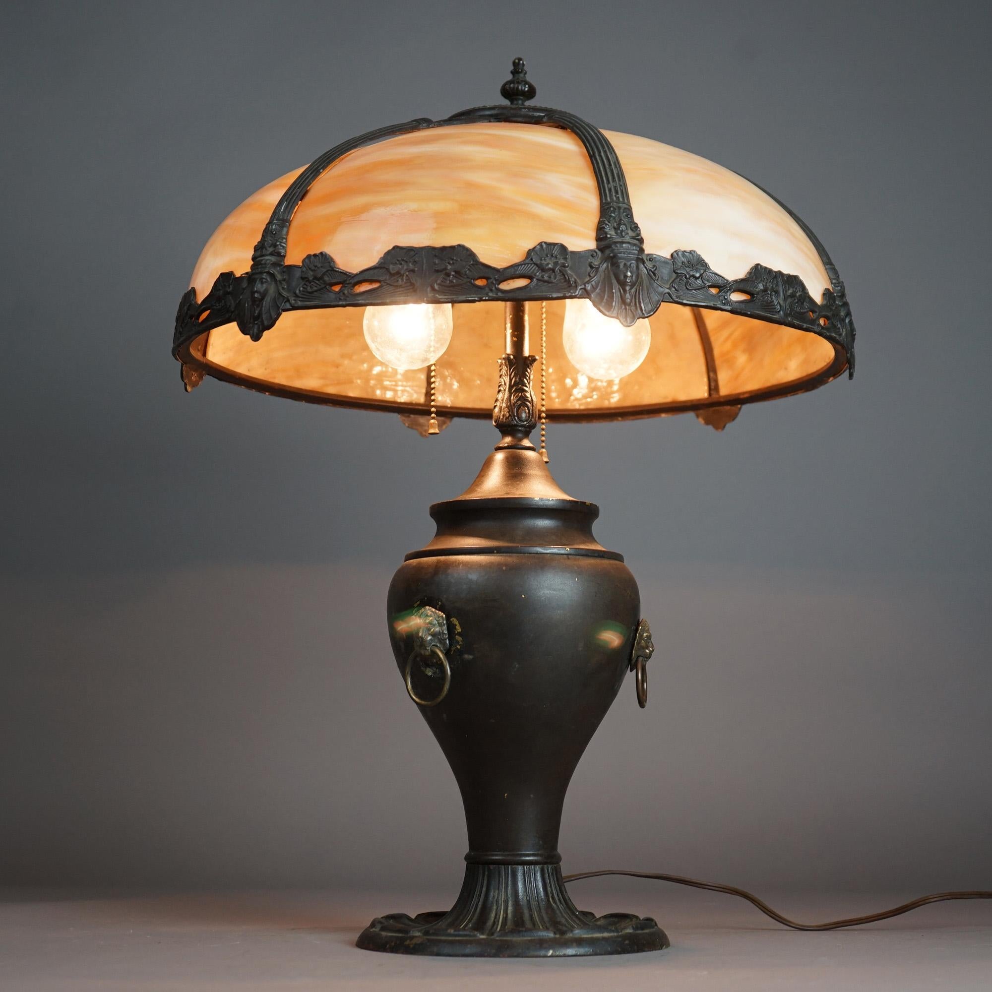 Cast Antique Arts & Crafts Egyptian Revival Bradley &Hubbard School Slag Glass Lamp