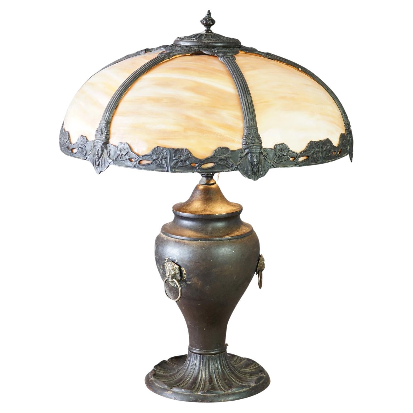 Antique Arts & Crafts Egyptian Revival Bradley &Hubbard School Slag Glass Lamp