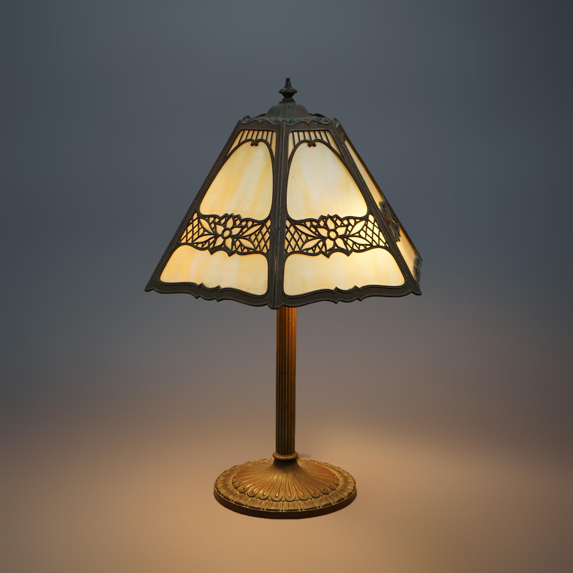 Antique Arts & Crafts EM Miller Slag Glass Table Lamp, circa 1920 3