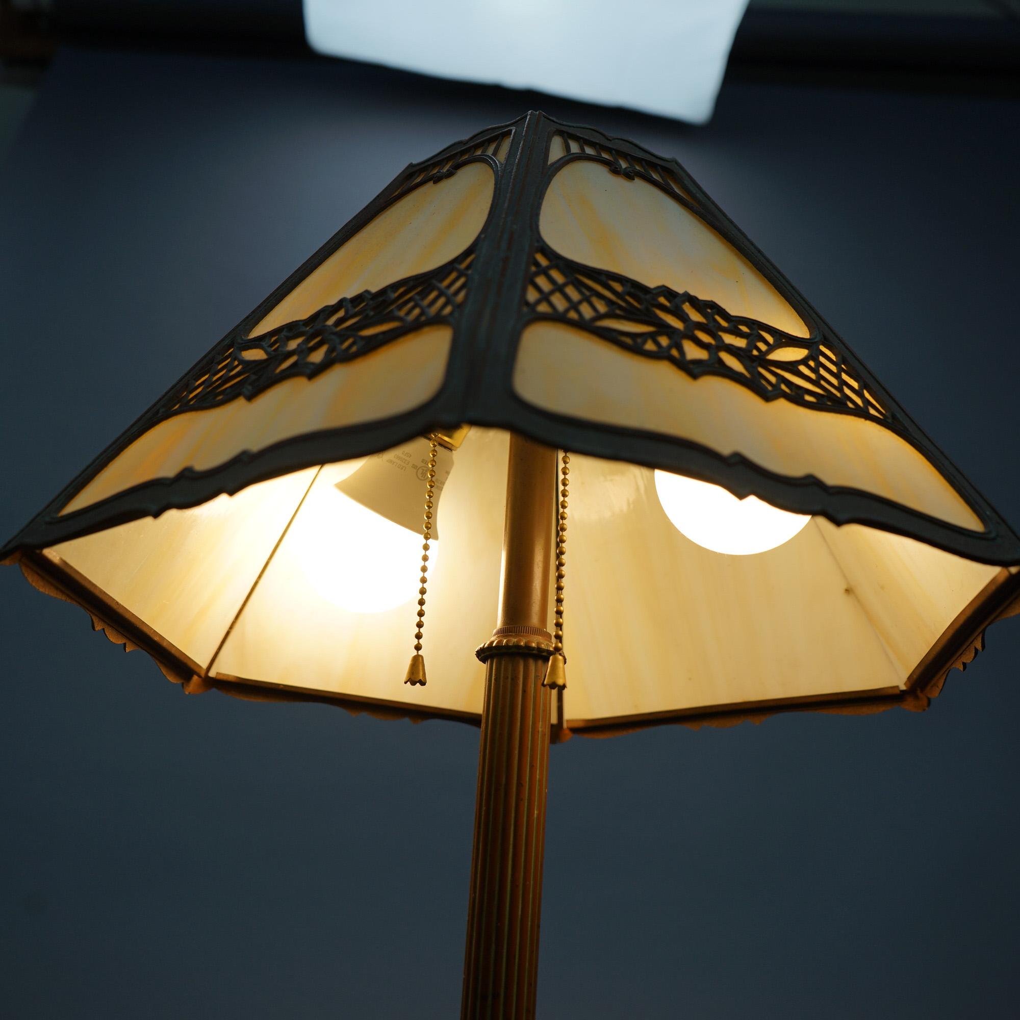 Antique Arts & Crafts EM Miller Slag Glass Table Lamp, circa 1920 5