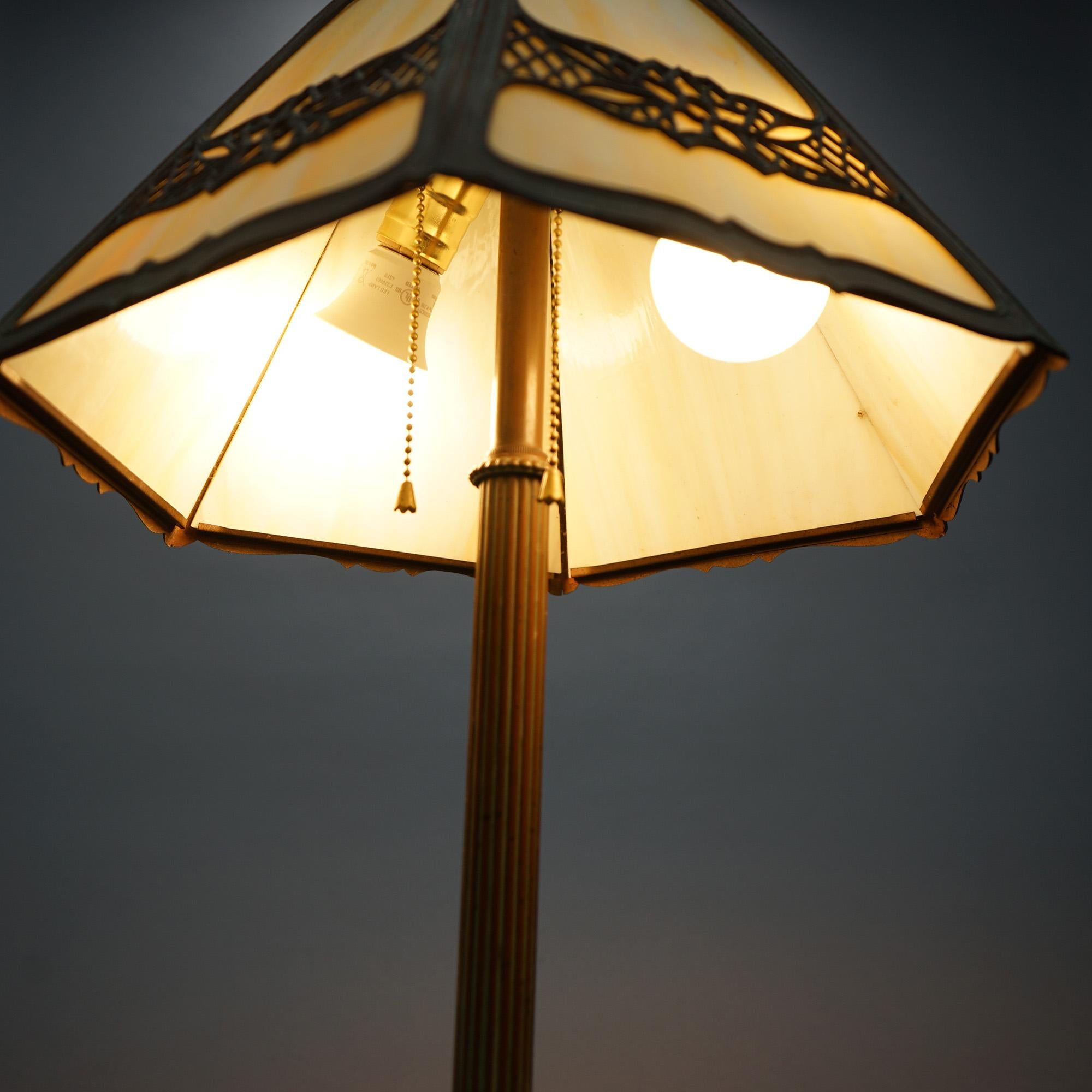 Antique Arts & Crafts EM Miller Slag Glass Table Lamp, circa 1920 6