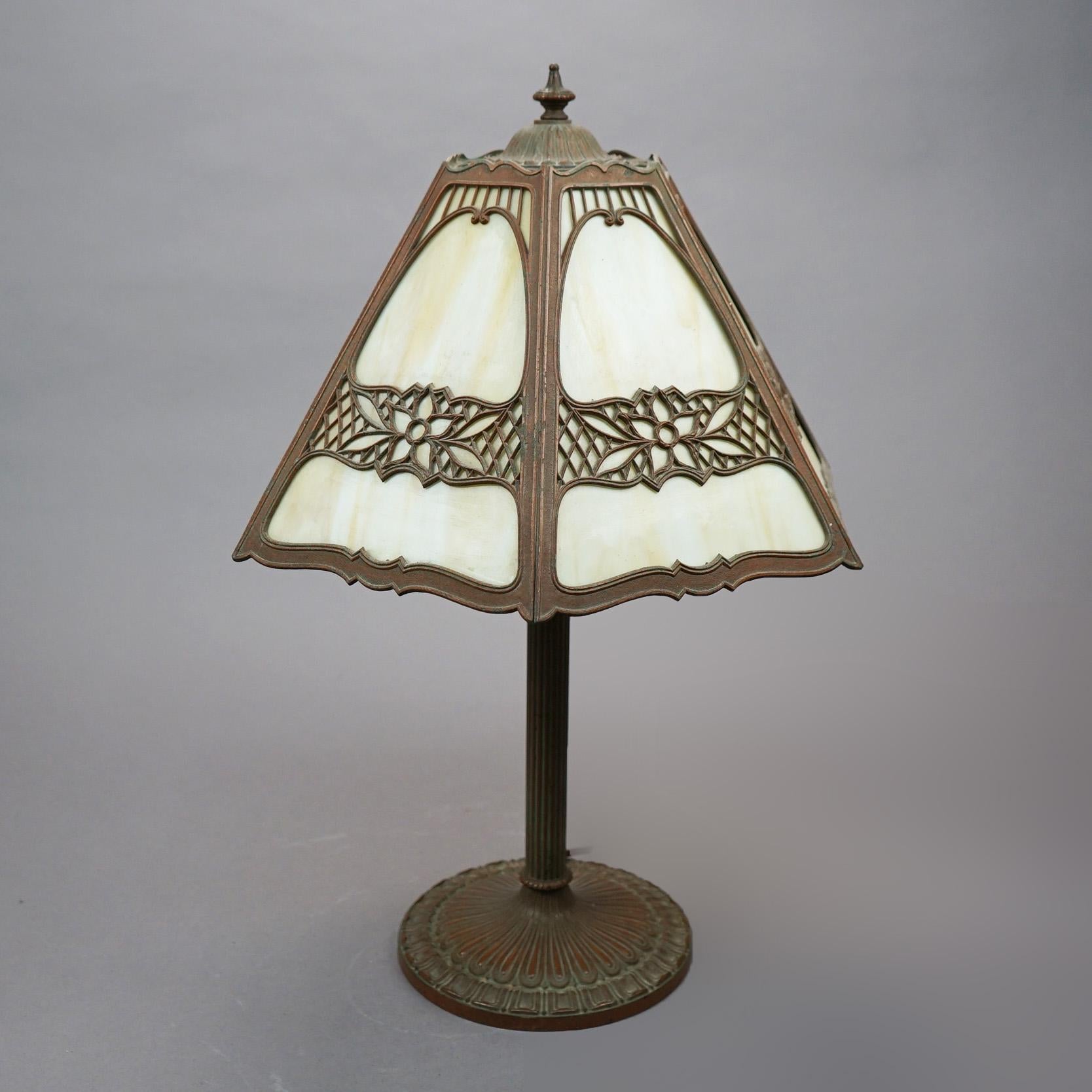Antique Arts & Crafts EM Miller Slag Glass Table Lamp, circa 1920 7
