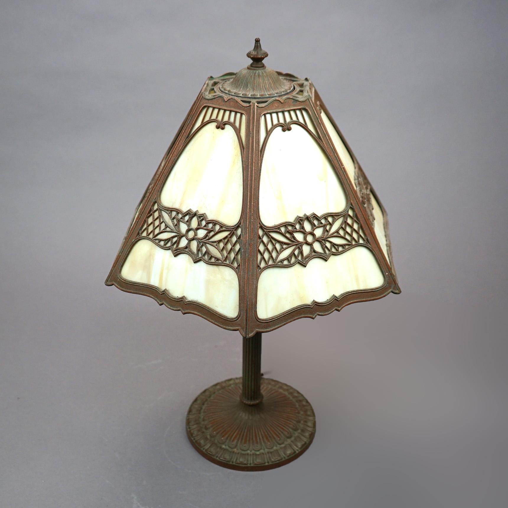 Antique Arts & Crafts EM Miller Slag Glass Table Lamp, circa 1920 8