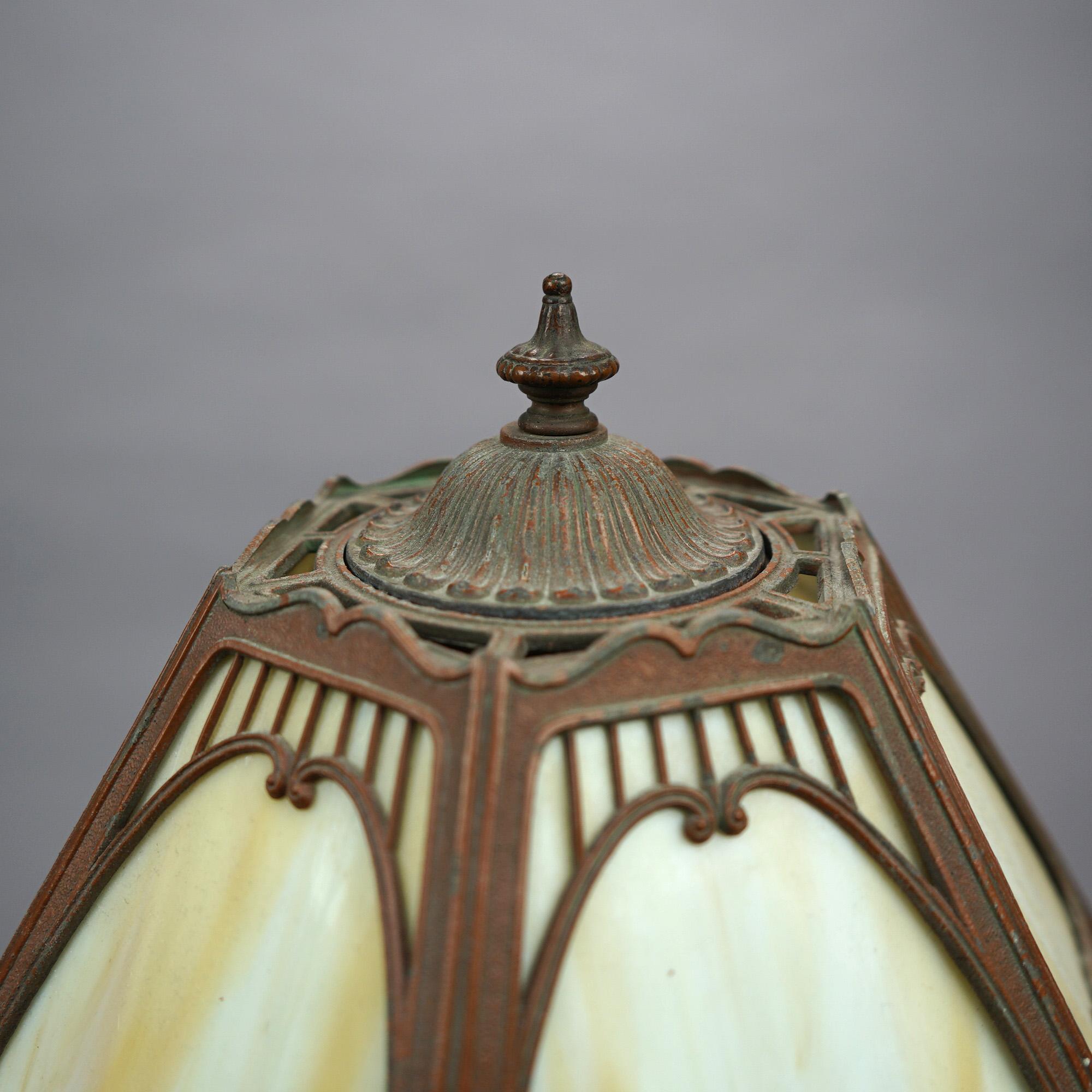 Antique Arts & Crafts EM Miller Slag Glass Table Lamp, circa 1920 9