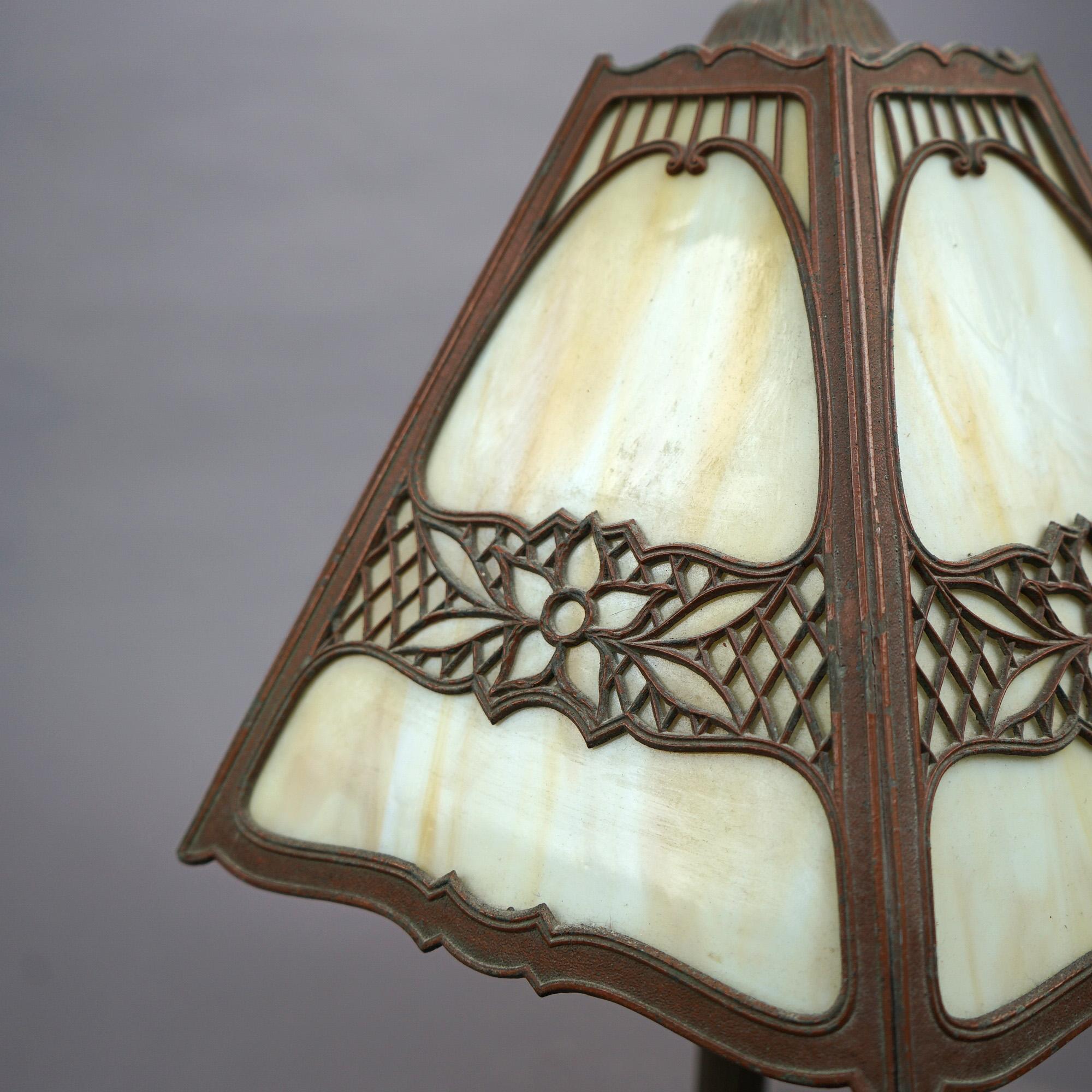 Antique Arts & Crafts EM Miller Slag Glass Table Lamp, circa 1920 10