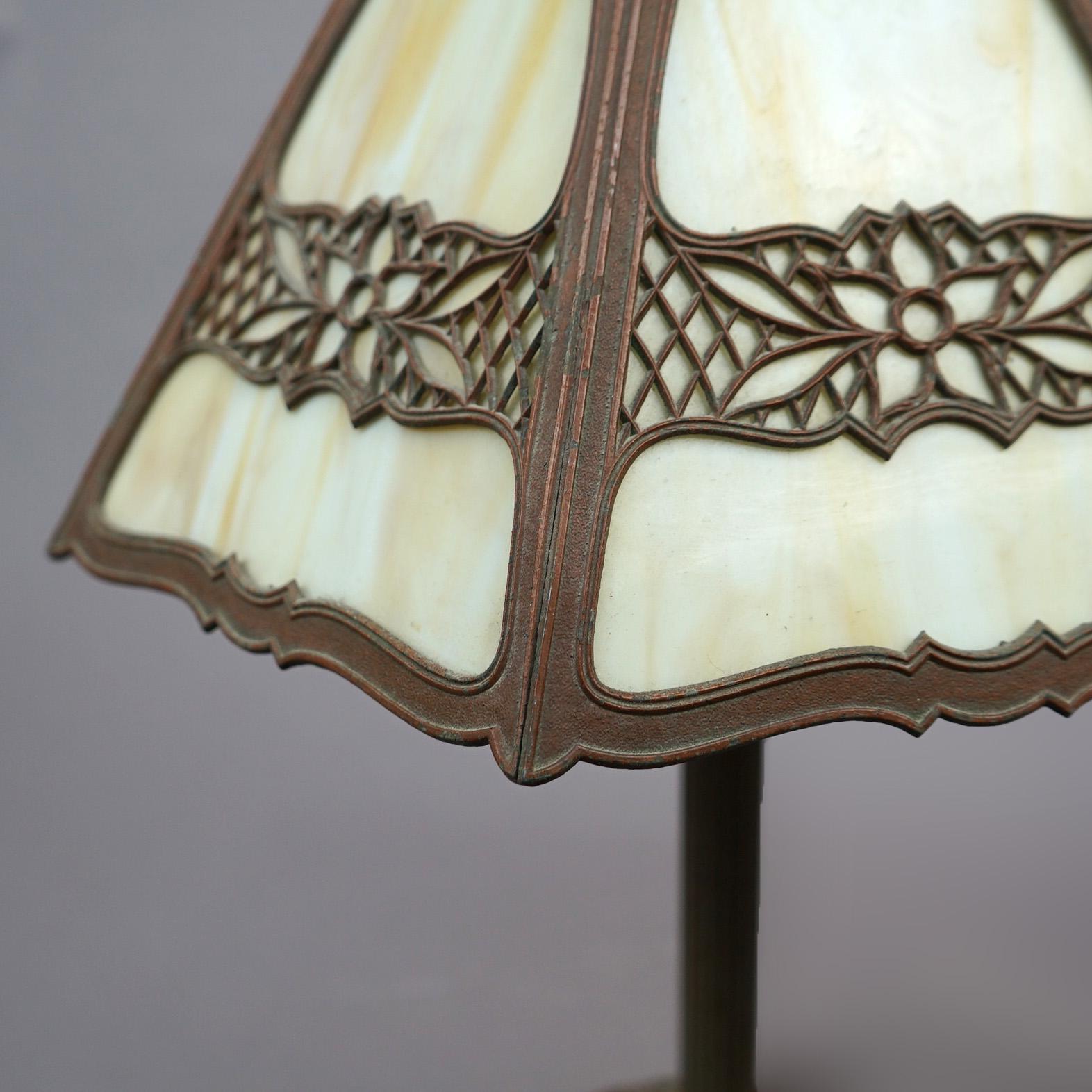 Antique Arts & Crafts EM Miller Slag Glass Table Lamp, circa 1920 11
