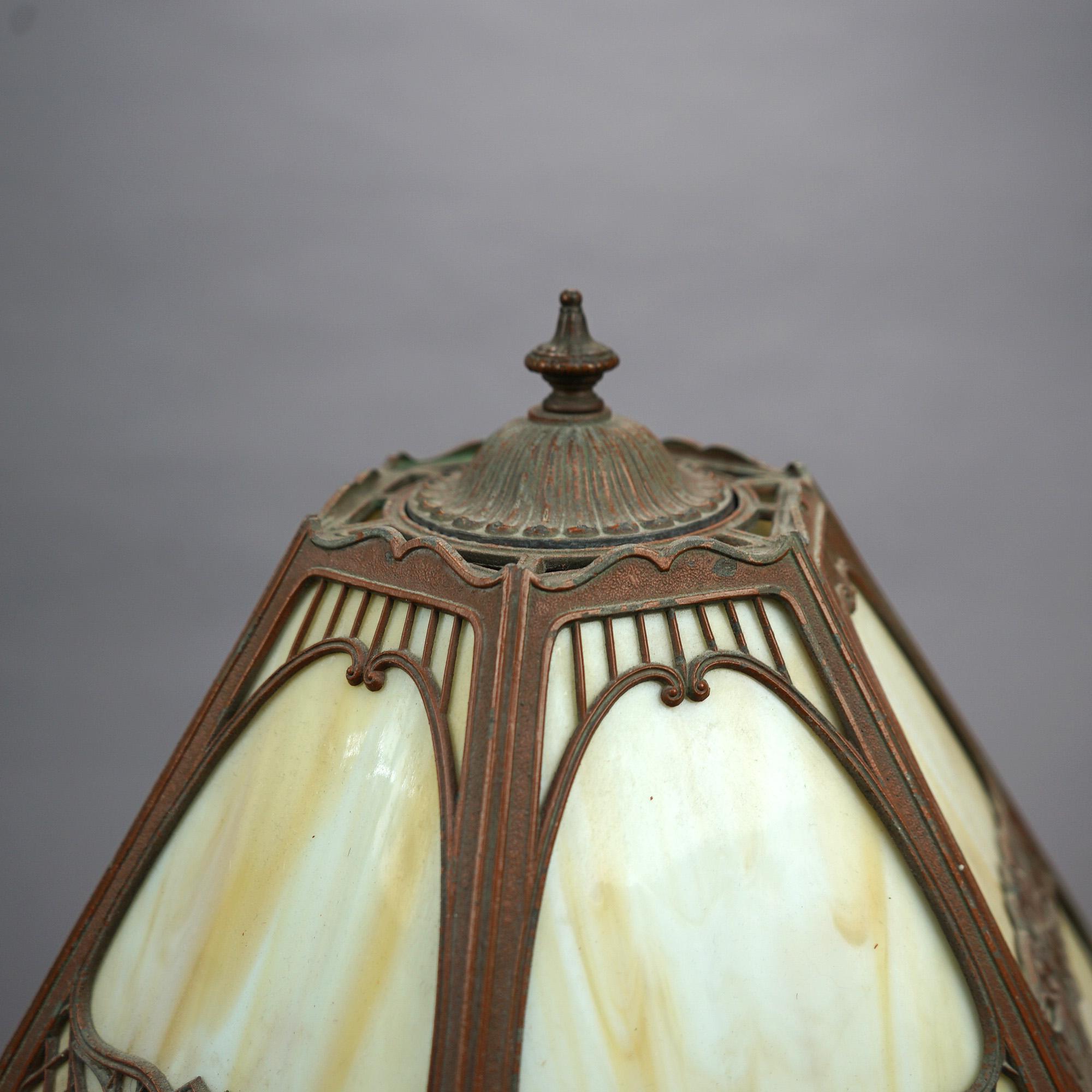 Antique Arts & Crafts EM Miller Slag Glass Table Lamp, circa 1920 12