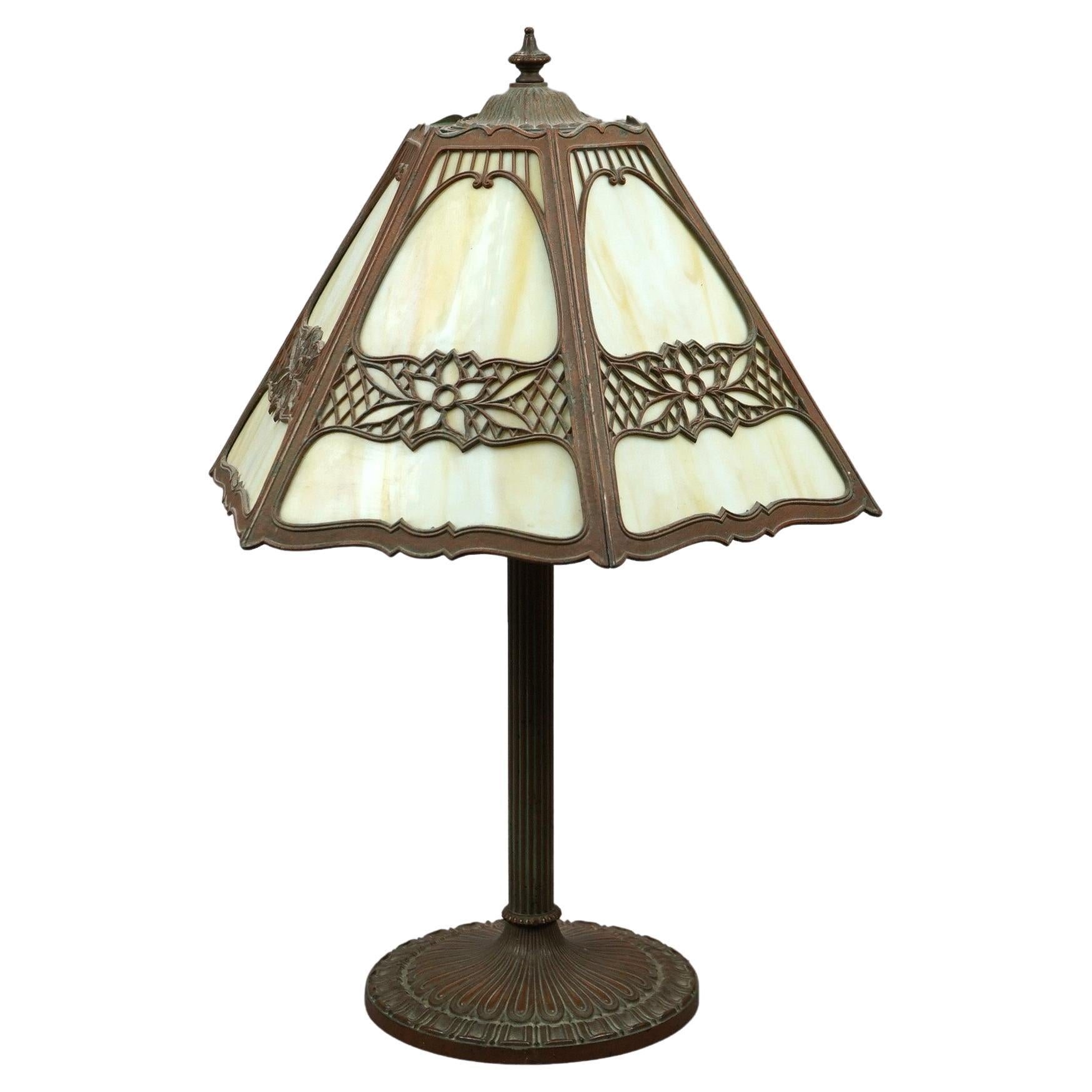 Antique Arts & Crafts EM Miller Slag Glass Table Lamp, circa 1920