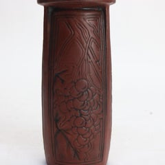 Antique Arts & Crafts Embossed Paneled Grape & Leaf Redware Pottery Vase c1920