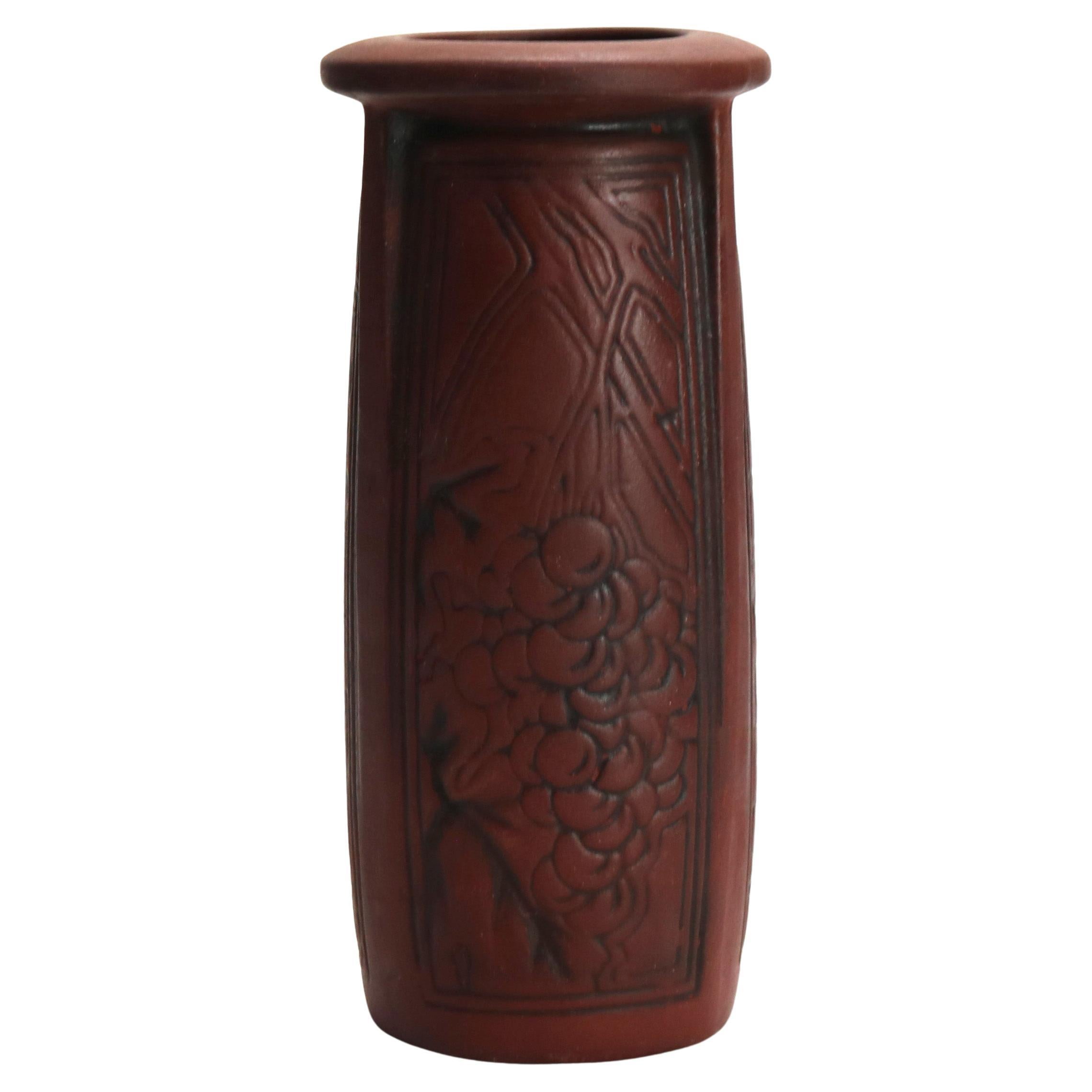 Antique Arts & Crafts Embossed Paneled Grape & Leaf Redware Pottery Vase c1920
