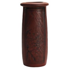 Antique Arts & Crafts Embossed Paneled Grape & Leaf Redware Pottery Vase c1920