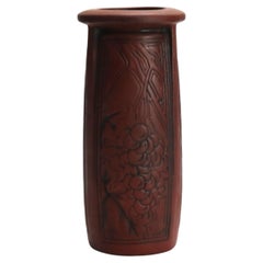 Antique Arts & Crafts Embossed Paneled Grape & Leaf Redware Pottery Vase c1920