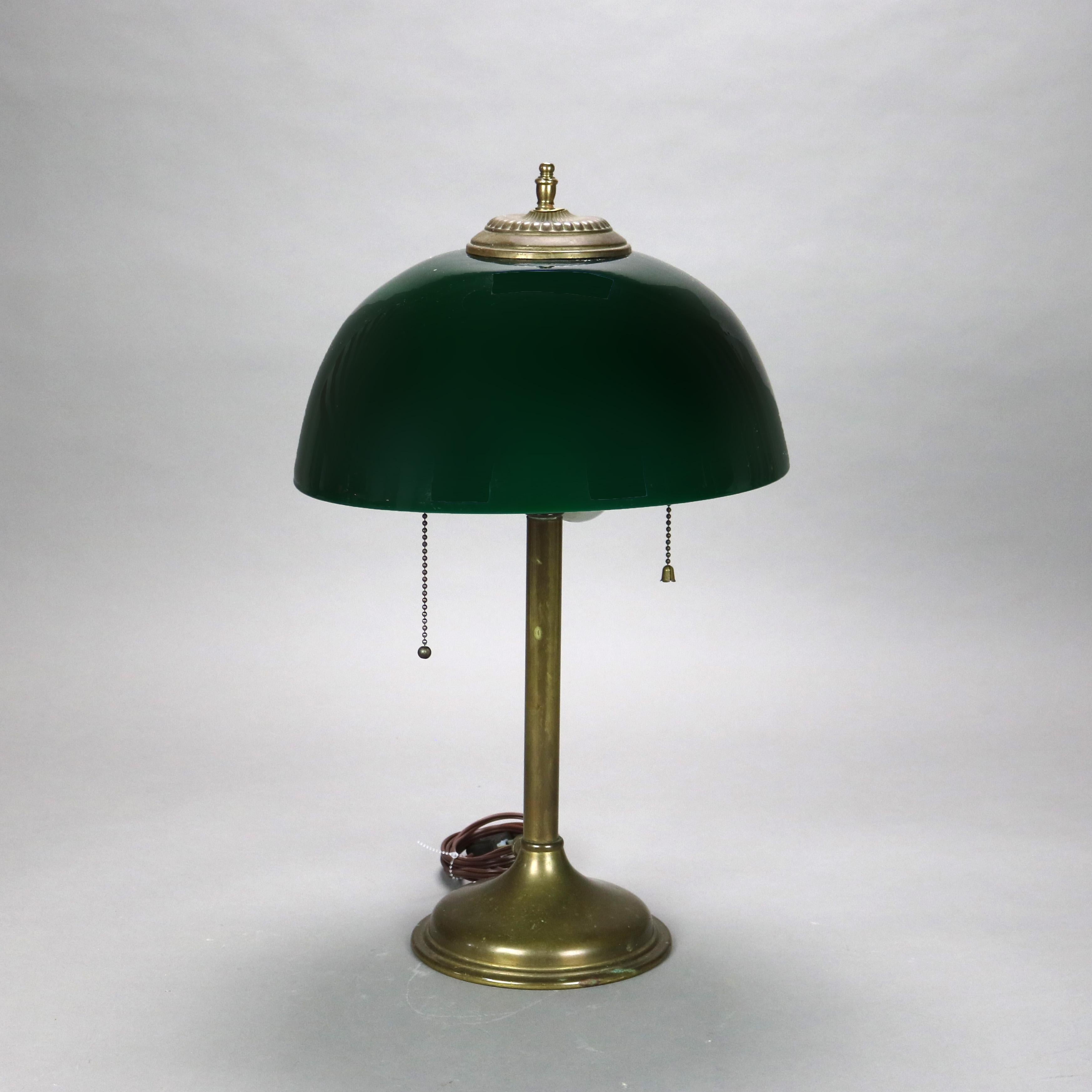 Antique Arts & Crafts Emeralite Cased Green Glass Shade & Double Socket Table Lamp C1920

Measures - 19 3/8