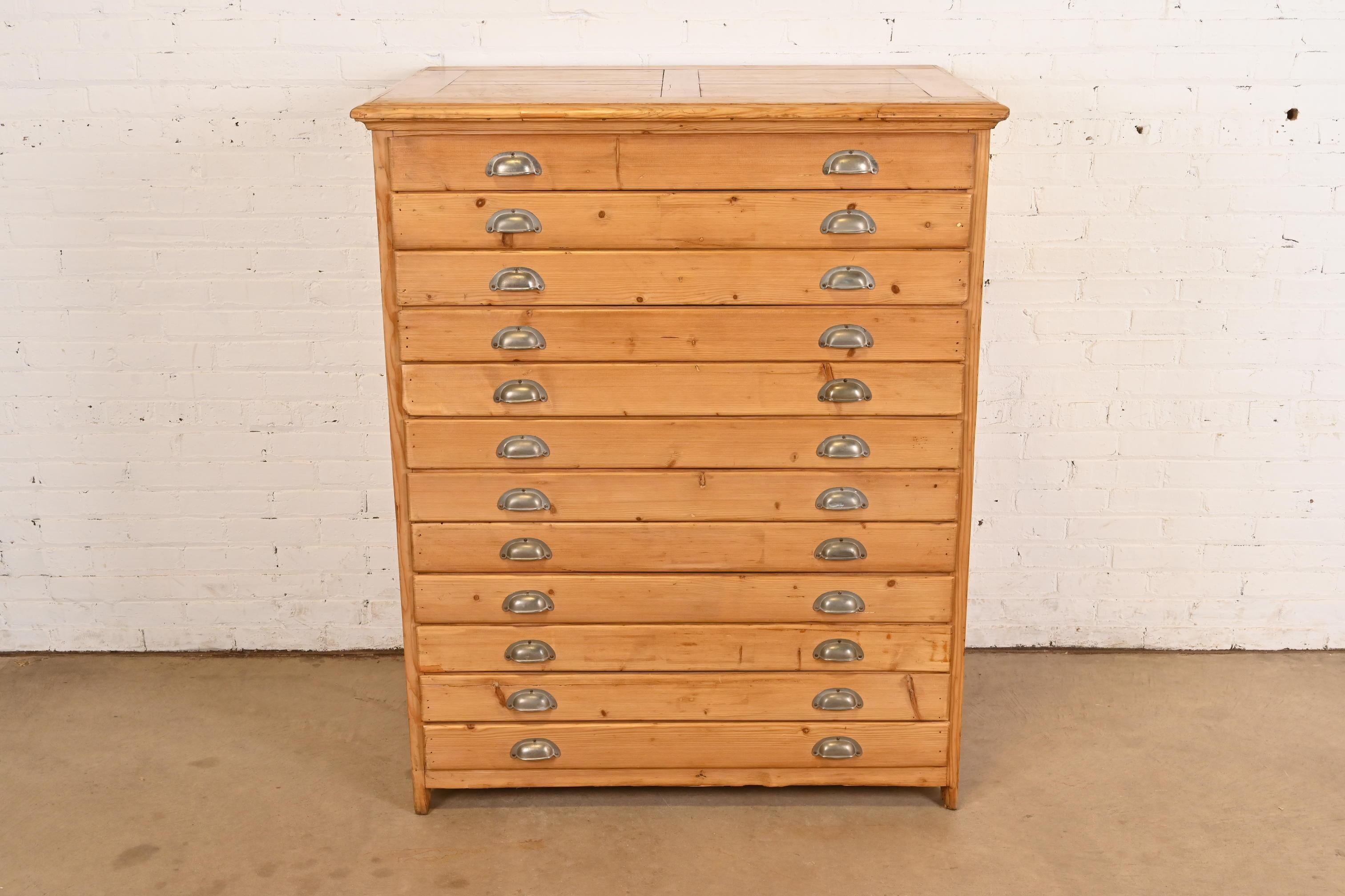 Antique Arts & Crafts English Pine 12-Drawer Architect's Blueprint File Cabinet In Good Condition For Sale In South Bend, IN