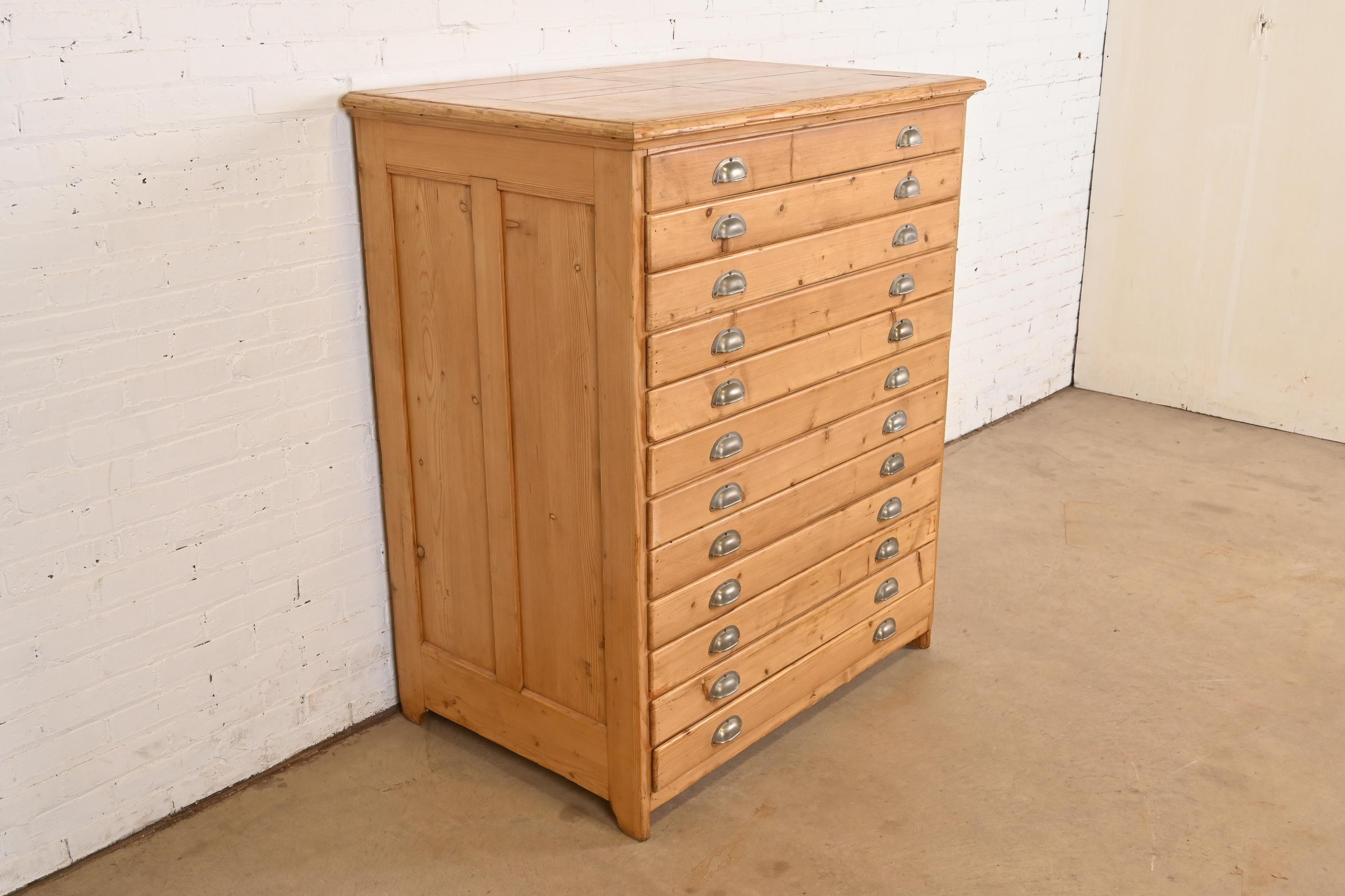 20th Century Antique Arts & Crafts English Pine 12-Drawer Architect's Blueprint File Cabinet For Sale