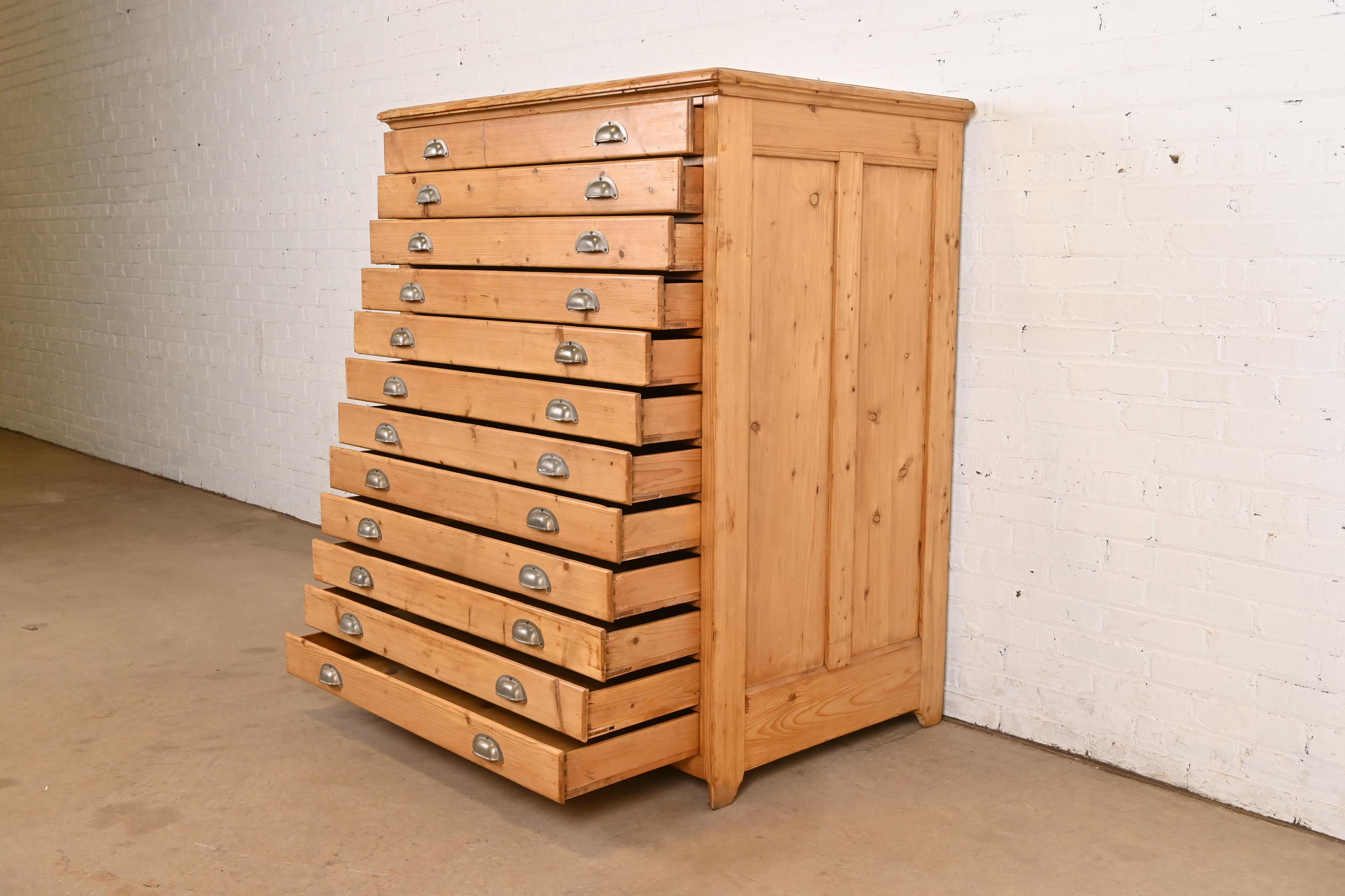 Steel Antique Arts & Crafts English Pine 12-Drawer Architect's Blueprint File Cabinet For Sale