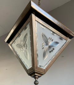 Antique Arts & Crafts Engraved Glass & Brass Stairwell or Hallway Pendant Light