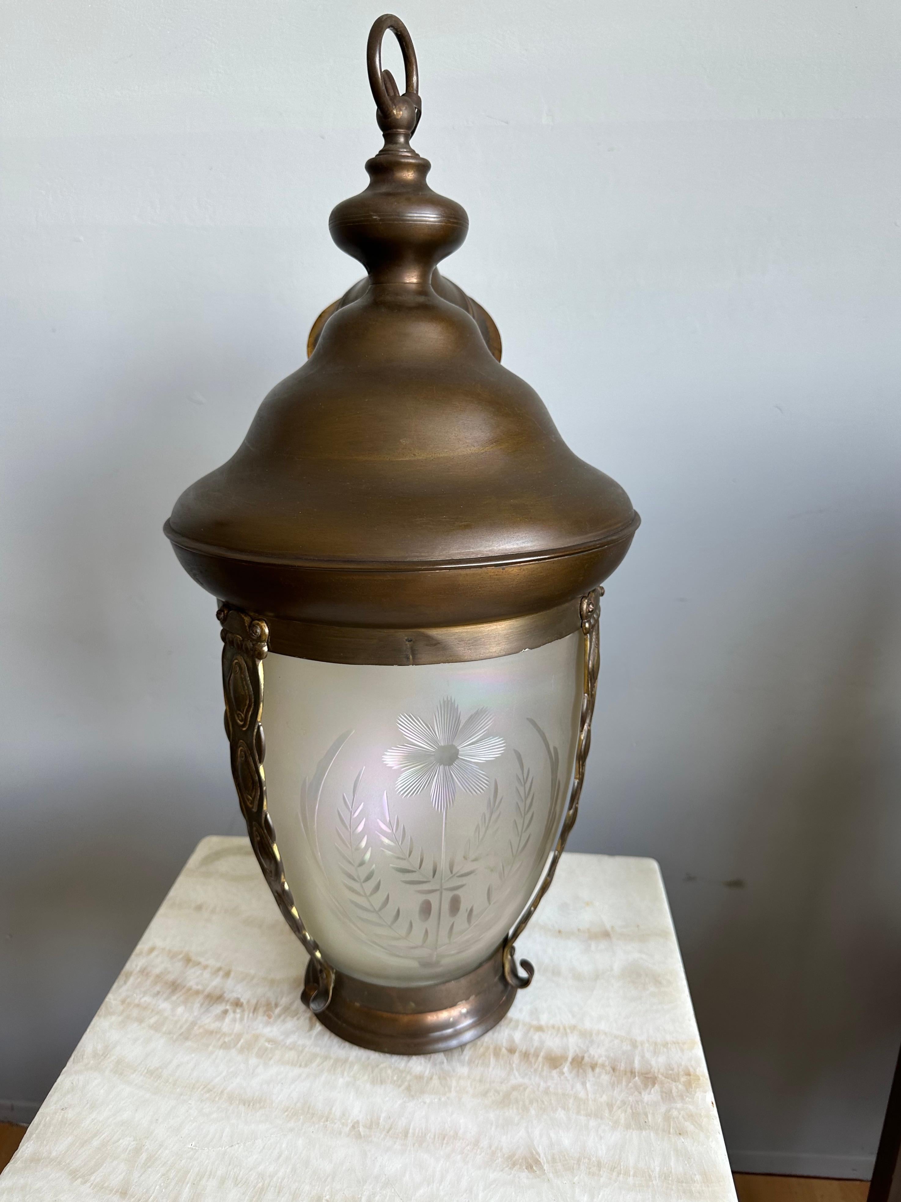 European Wonderfuf Arts & Crafts Engraved Glass Brass Stairwell or Hall Way Pendant Light For Sale