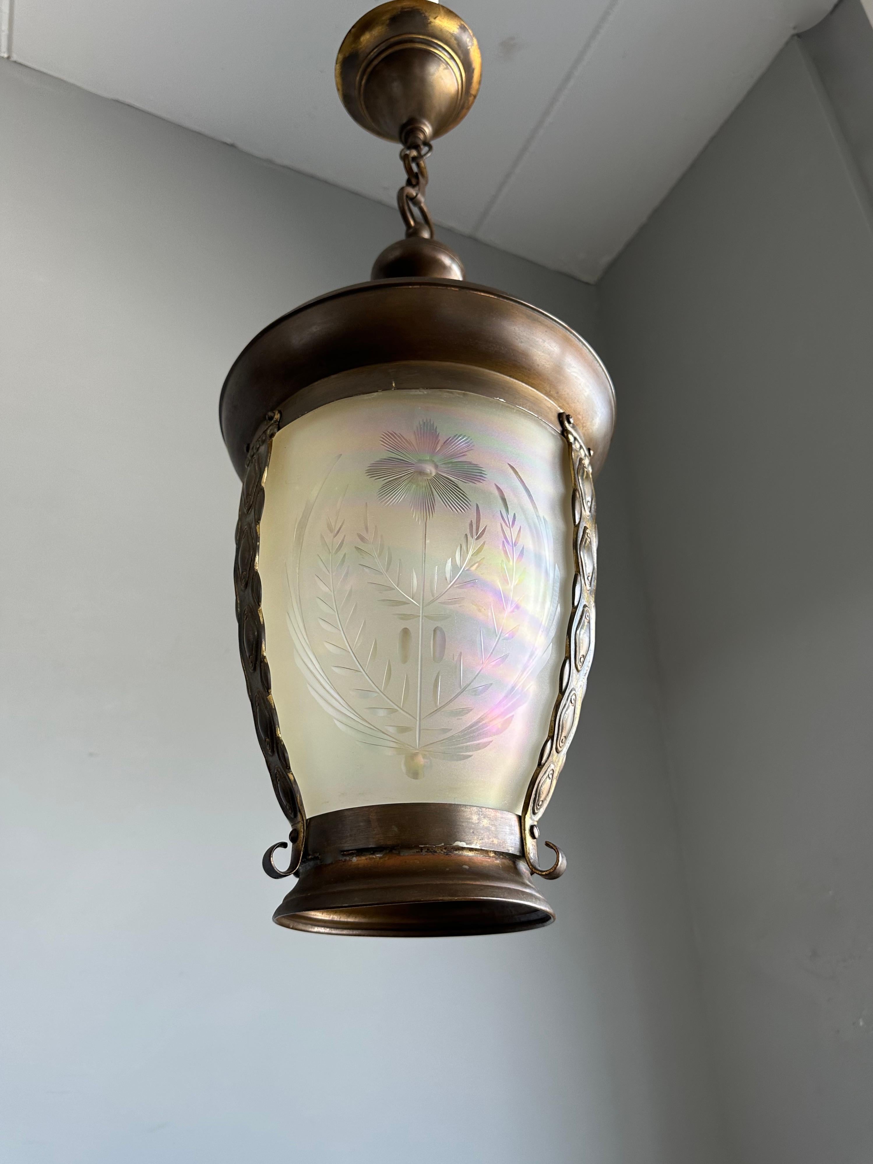 Cast Wonderfuf Arts & Crafts Engraved Glass Brass Stairwell or Hall Way Pendant Light For Sale