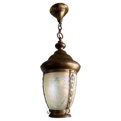 Antique Wonderfuf Arts & Crafts Engraved Glass Brass Stairwell or Hall Way Pendant Light