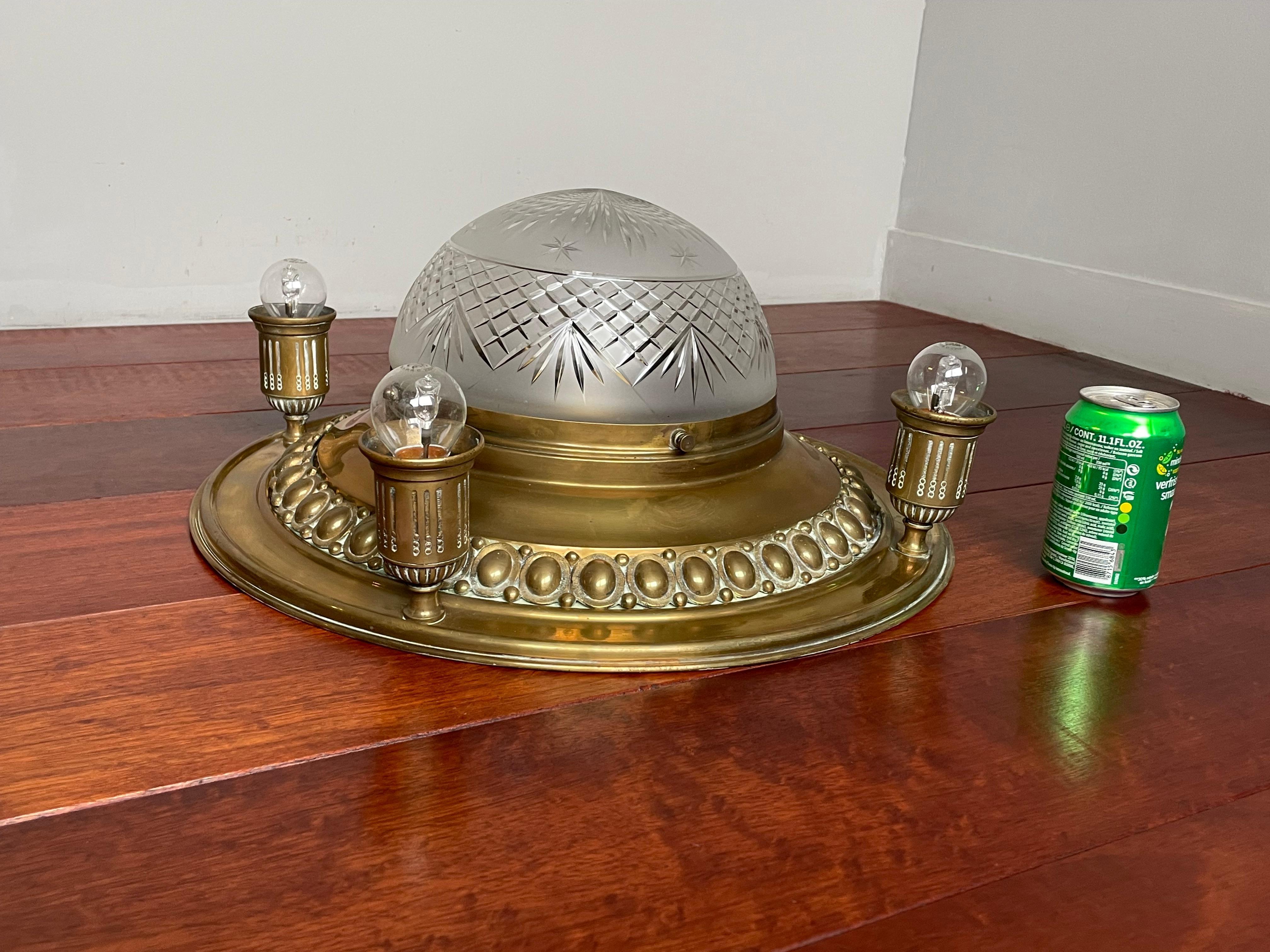 Cast Antique Arts & Crafts Era, Bronze, Brass and Glass Flush Mount / Ceiling Fixture For Sale