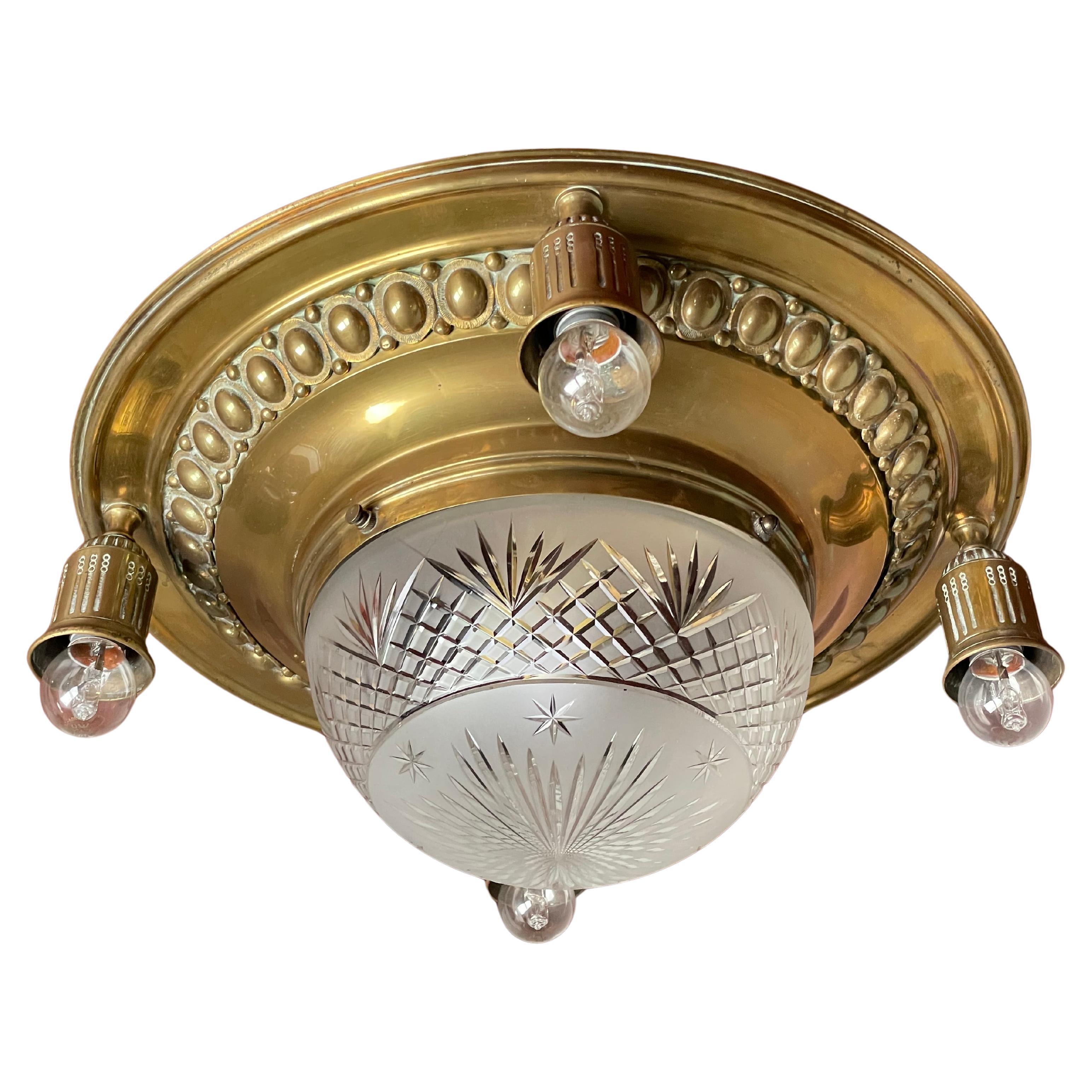 Antique Arts & Crafts Era, Bronze, Brass and Glass Flush Mount / Ceiling Fixture For Sale