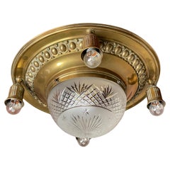 Antique Arts & Crafts Era, Bronze, Brass and Glass Flush Mount / Ceiling Fixture
