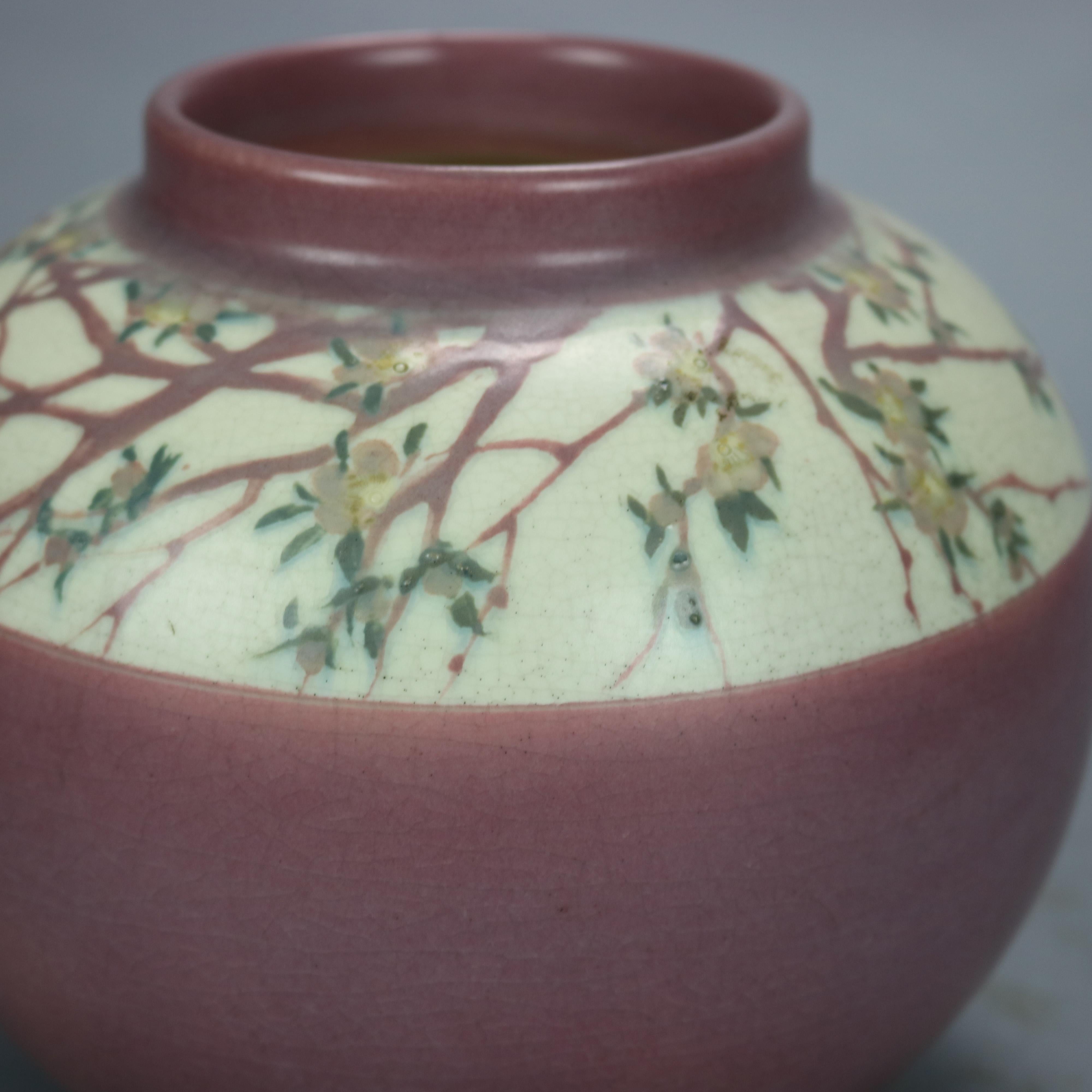 Arts and Crafts Antique Arts & Crafts ET Hurley, Rookwood Floral Banded Pottery Chunk Vase 1914