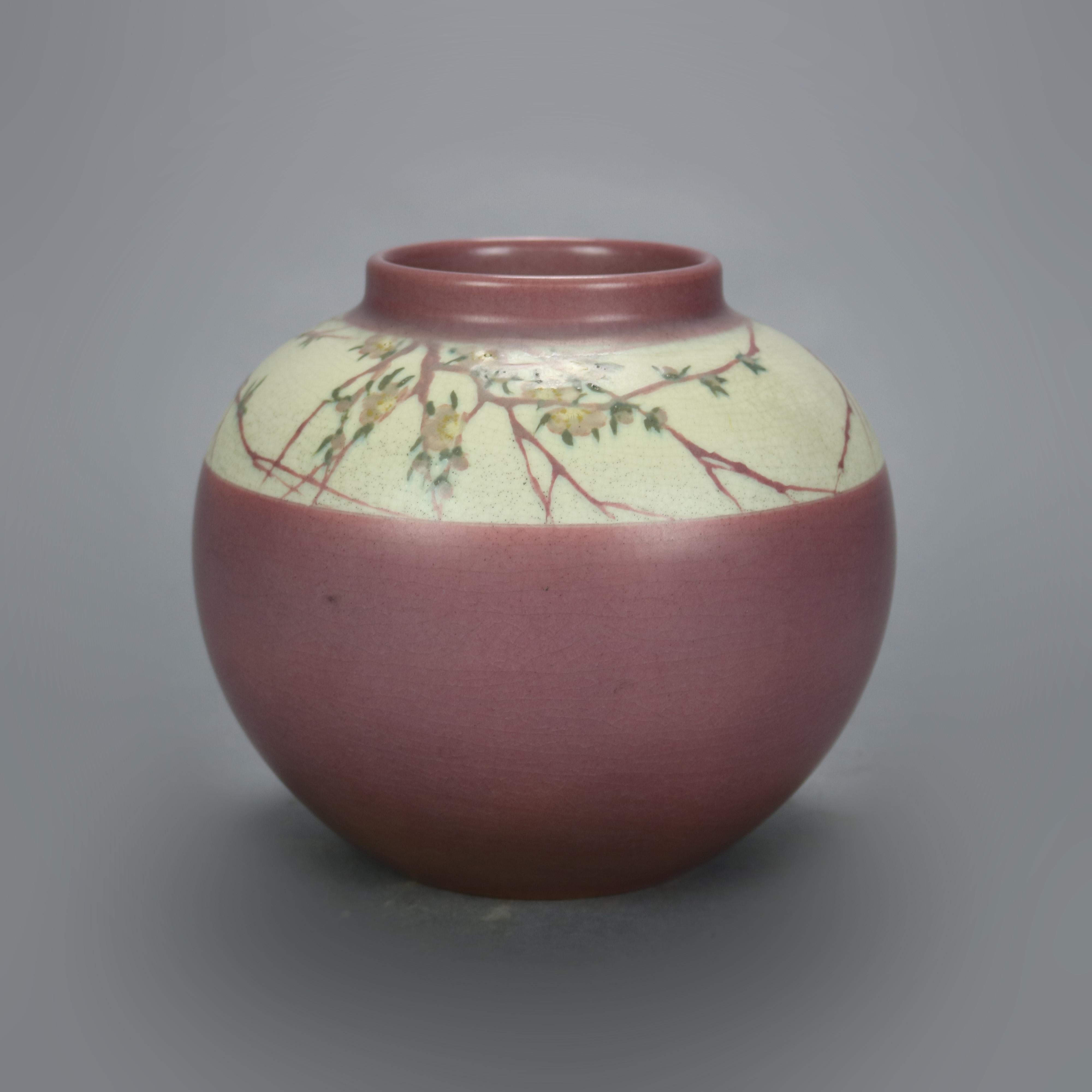 American Antique Arts & Crafts ET Hurley, Rookwood Floral Banded Pottery Chunk Vase 1914